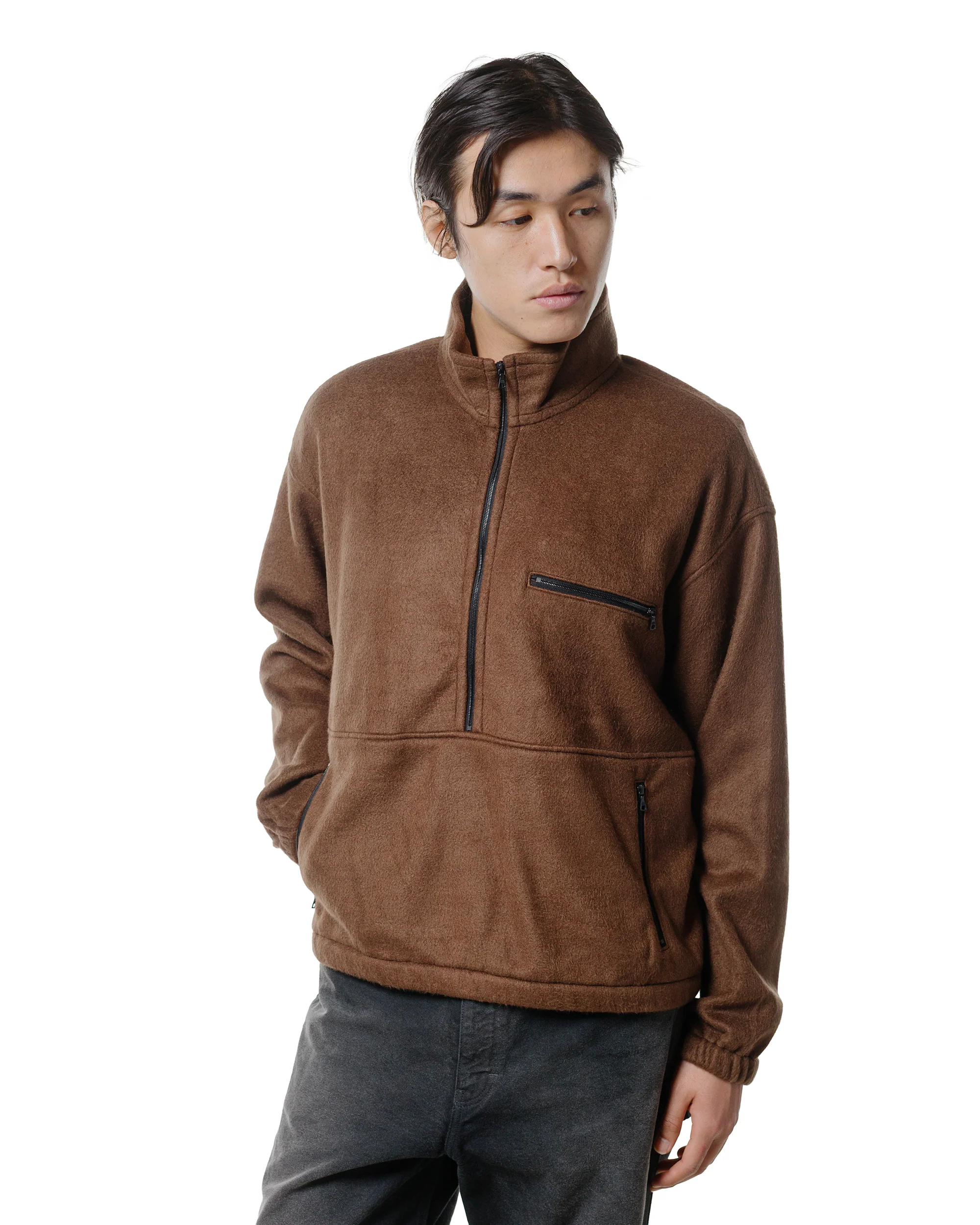 Auralee Pure Silk Comfort Fleece Half Zip P/O Brown - Image 2