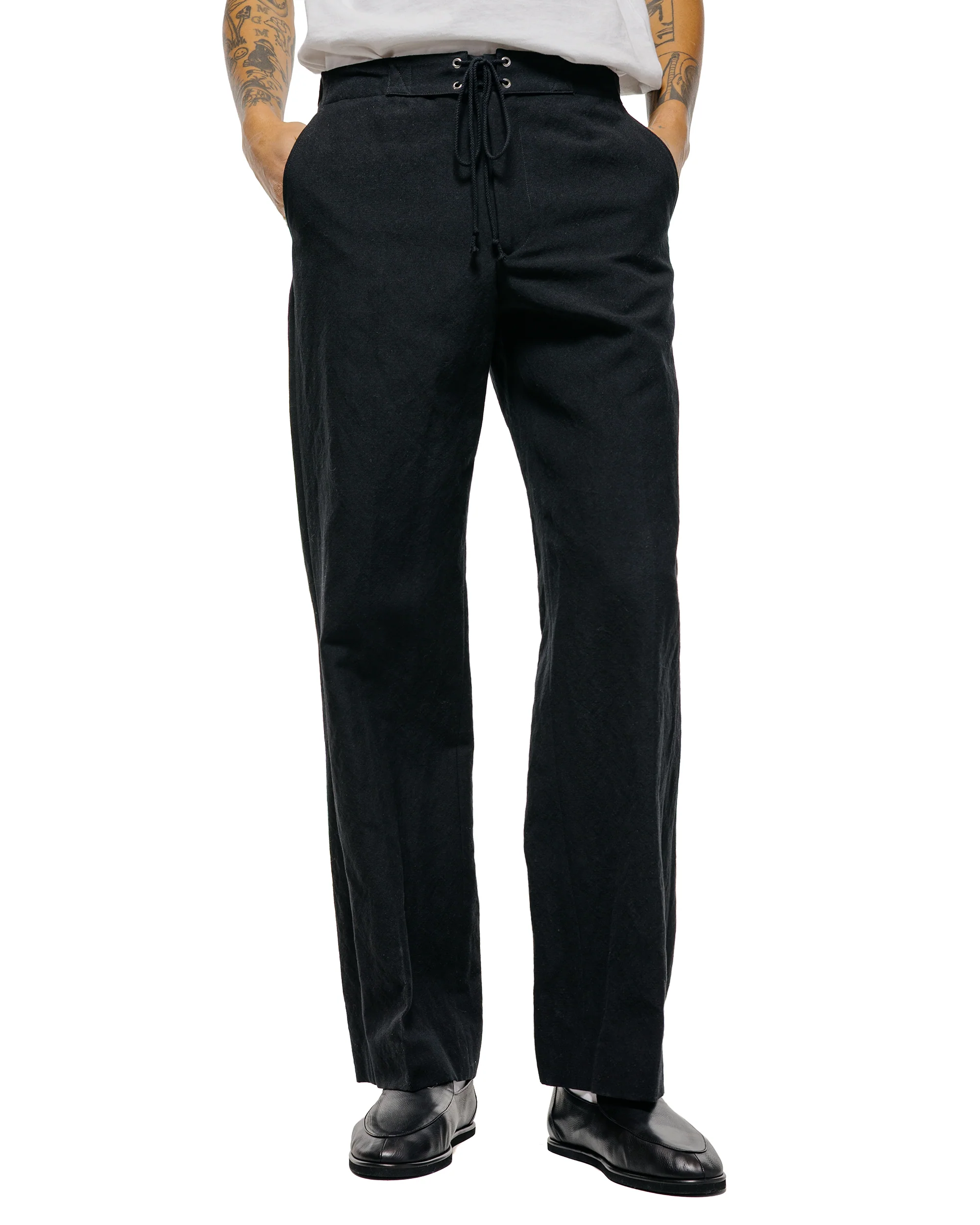 Auralee Wool Cotton Linen Ox Drawstring Pants Black - Image 2