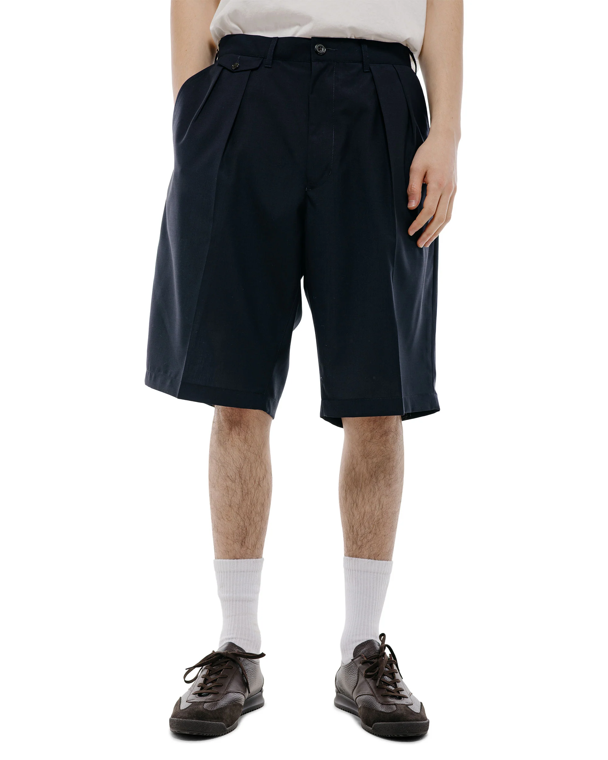 Beams Plus 2Pleats Shorts Wool Tropical Navy - Image 2
