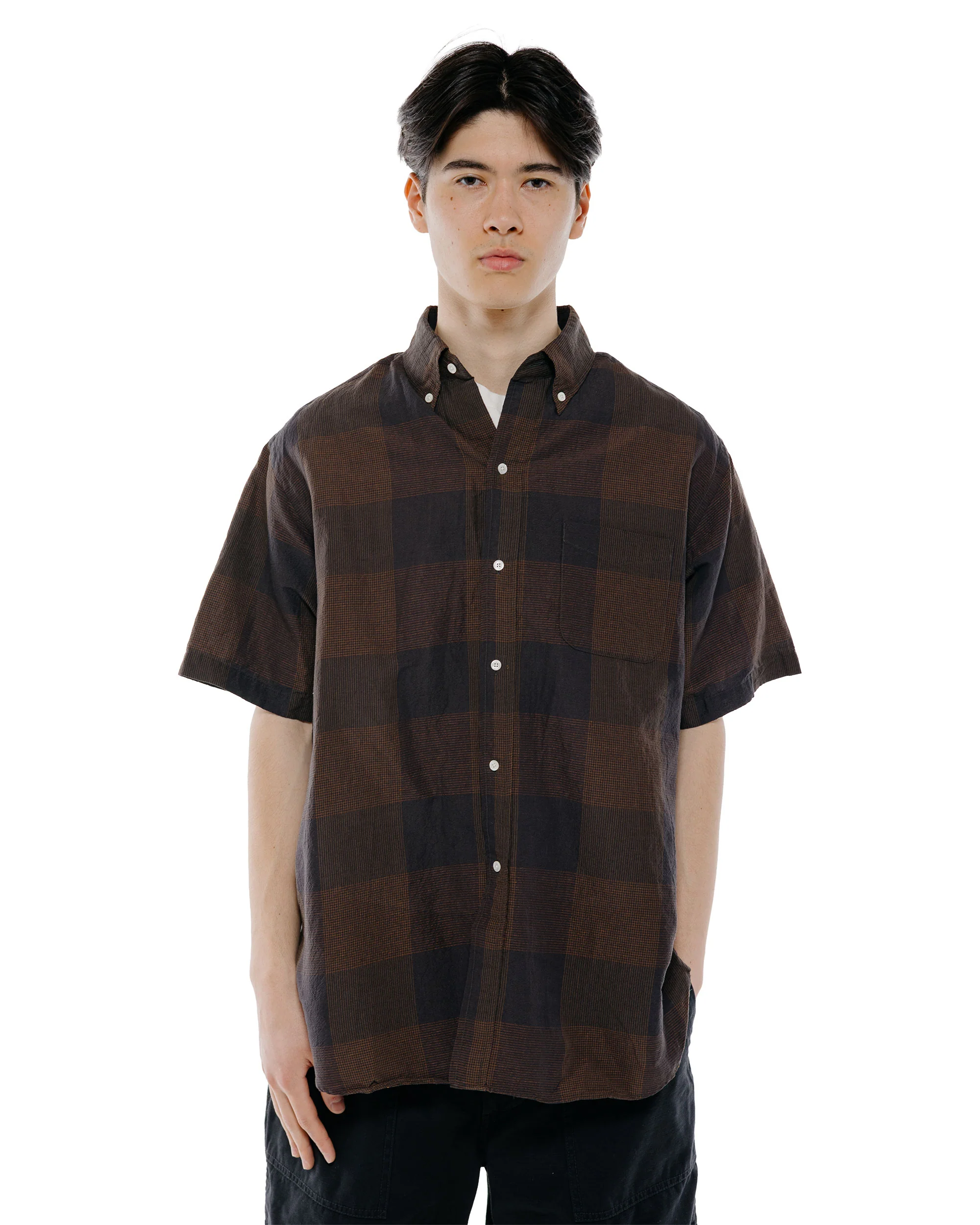 Beams Plus B.D. Classic Fit Cotton Linen Cord Check Black/Brown - Image 2