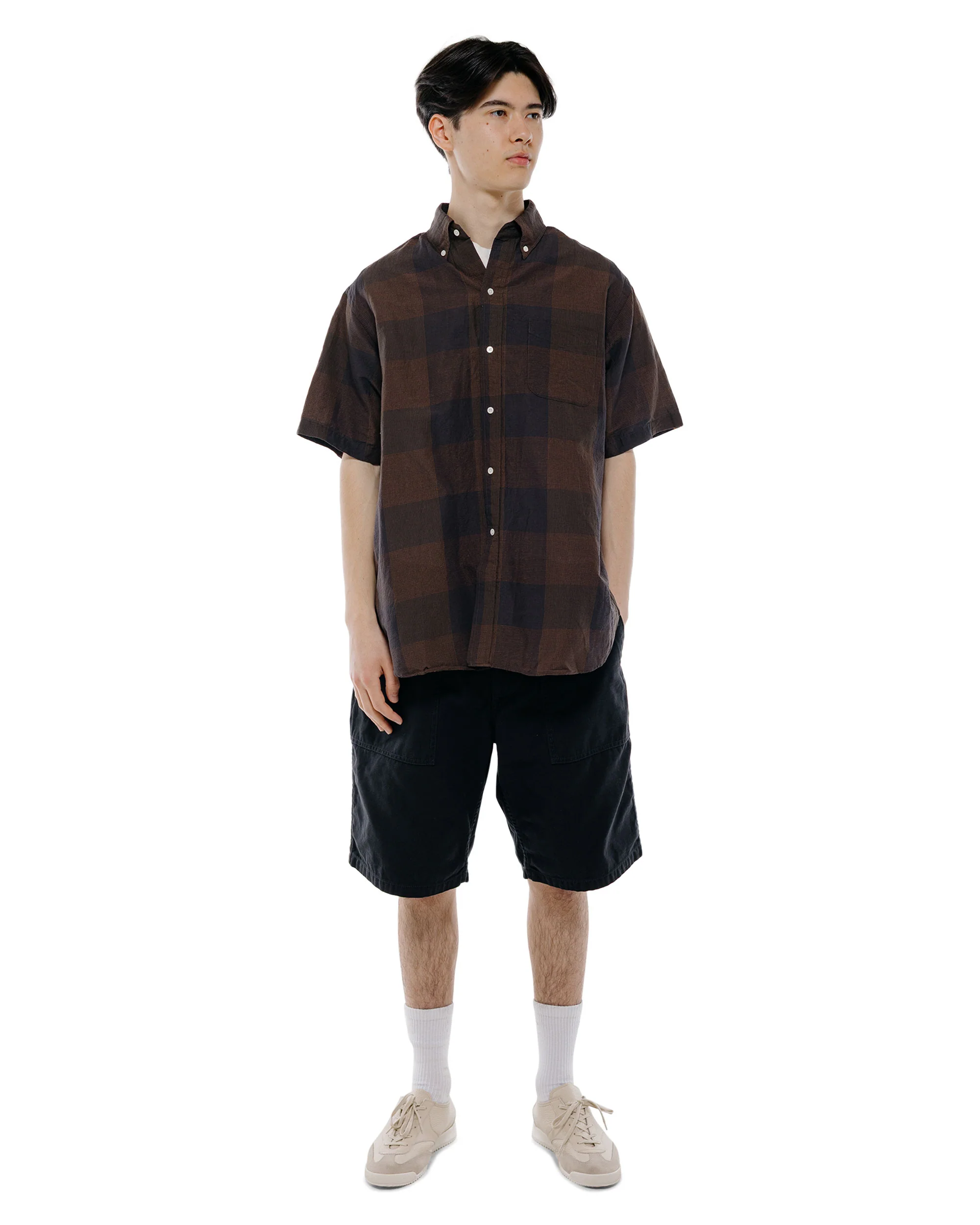 Beams Plus B.D. Classic Fit Cotton Linen Cord Check Black/Brown - Image 5