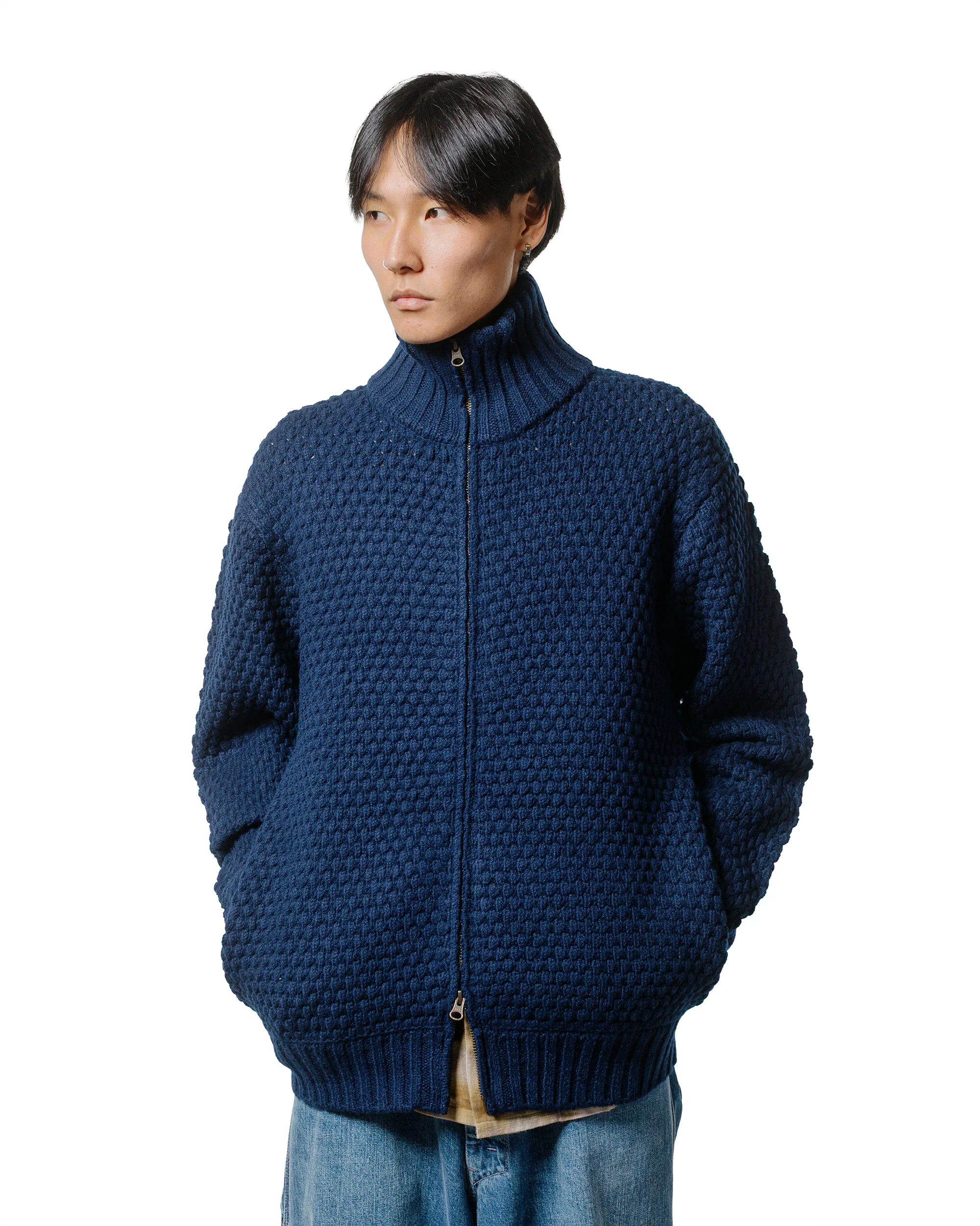 Beams Plus Full Zip Popcorn Pattern Navy - Image 2