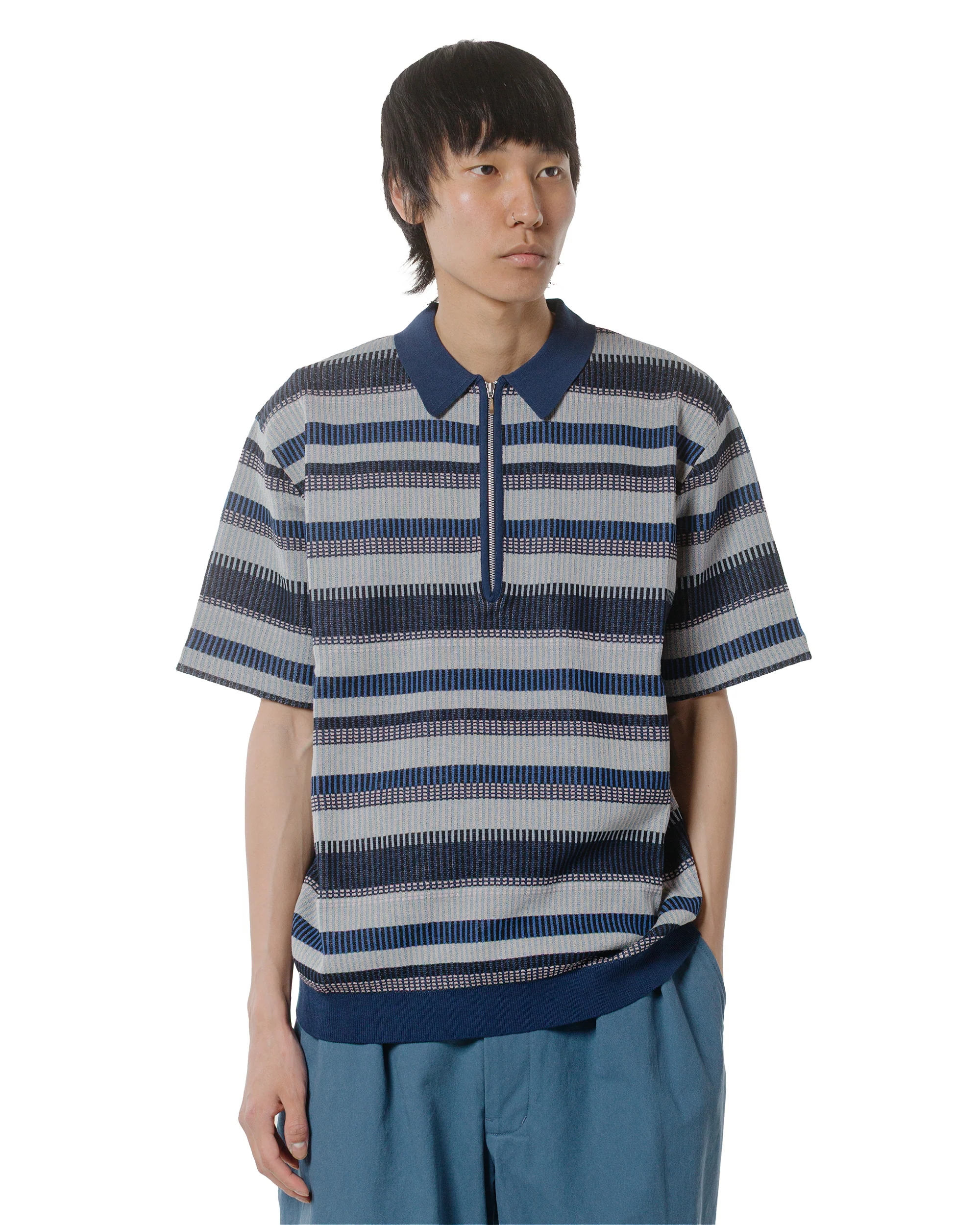 Beams Plus Half Zip Knit Polo Navy - Image 2