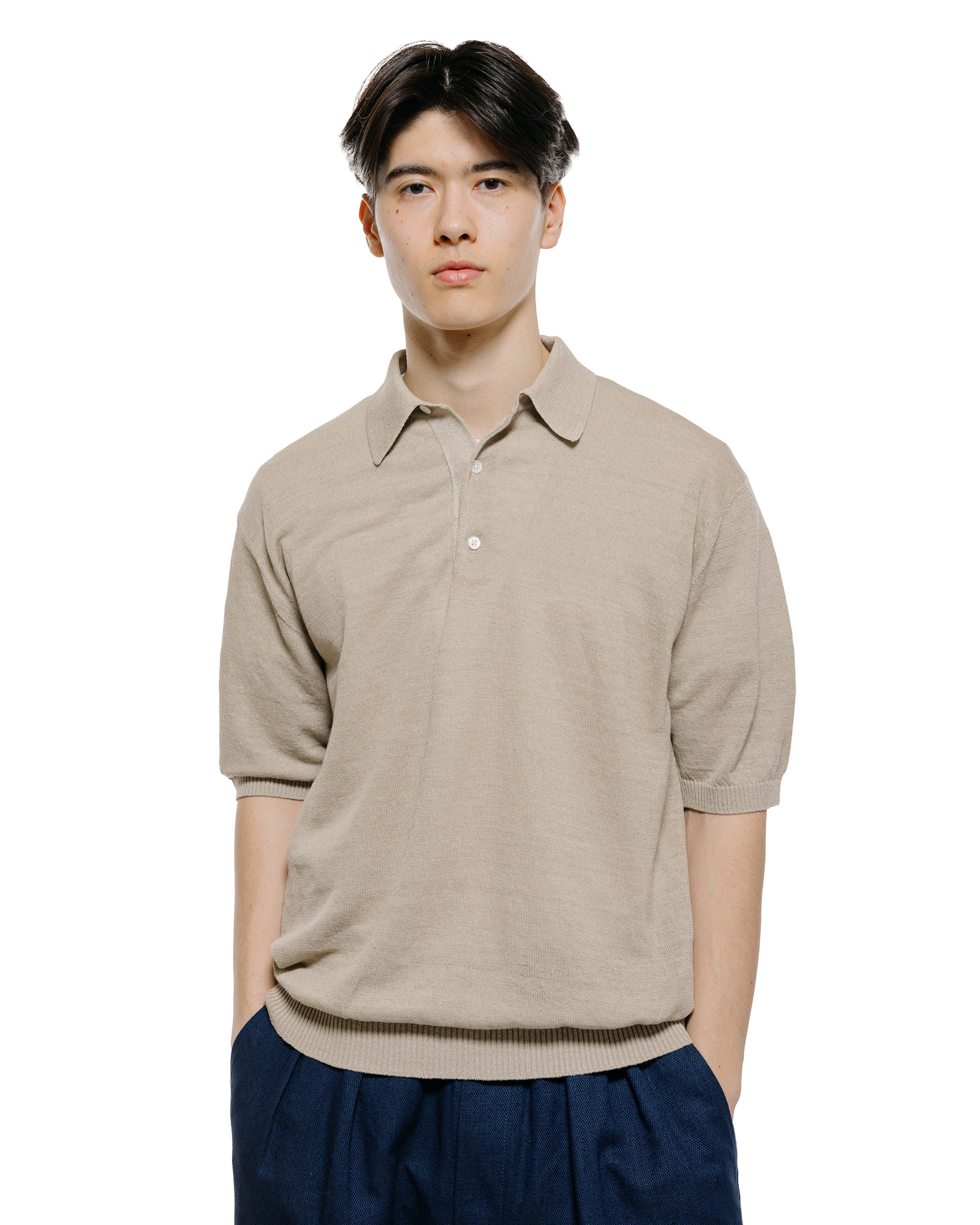 Beams Plus Knit Polo Hemp Light Grey - Image 2