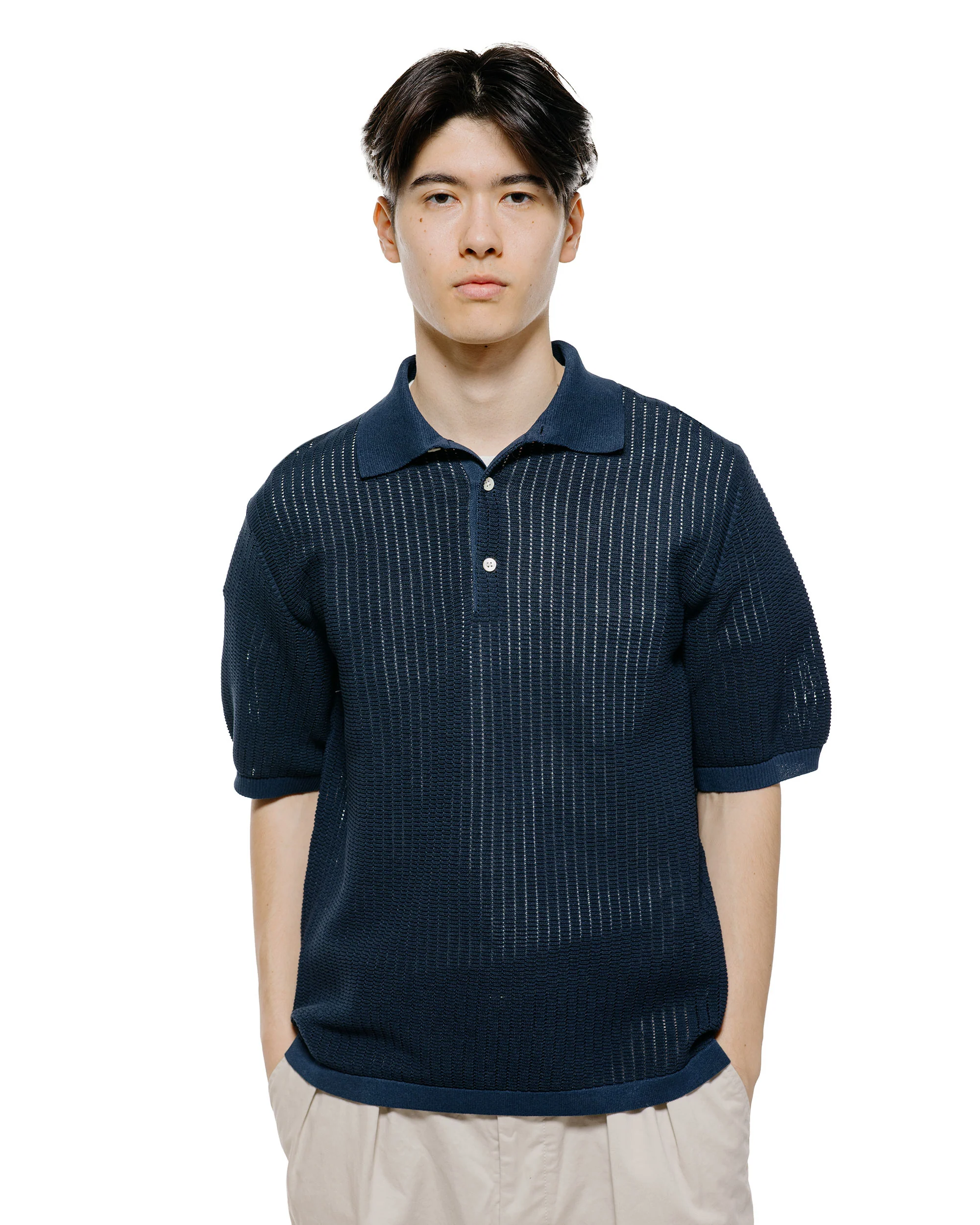 Beams Plus Knit Polo 'Washi' 2 Tone Navy - Image 2
