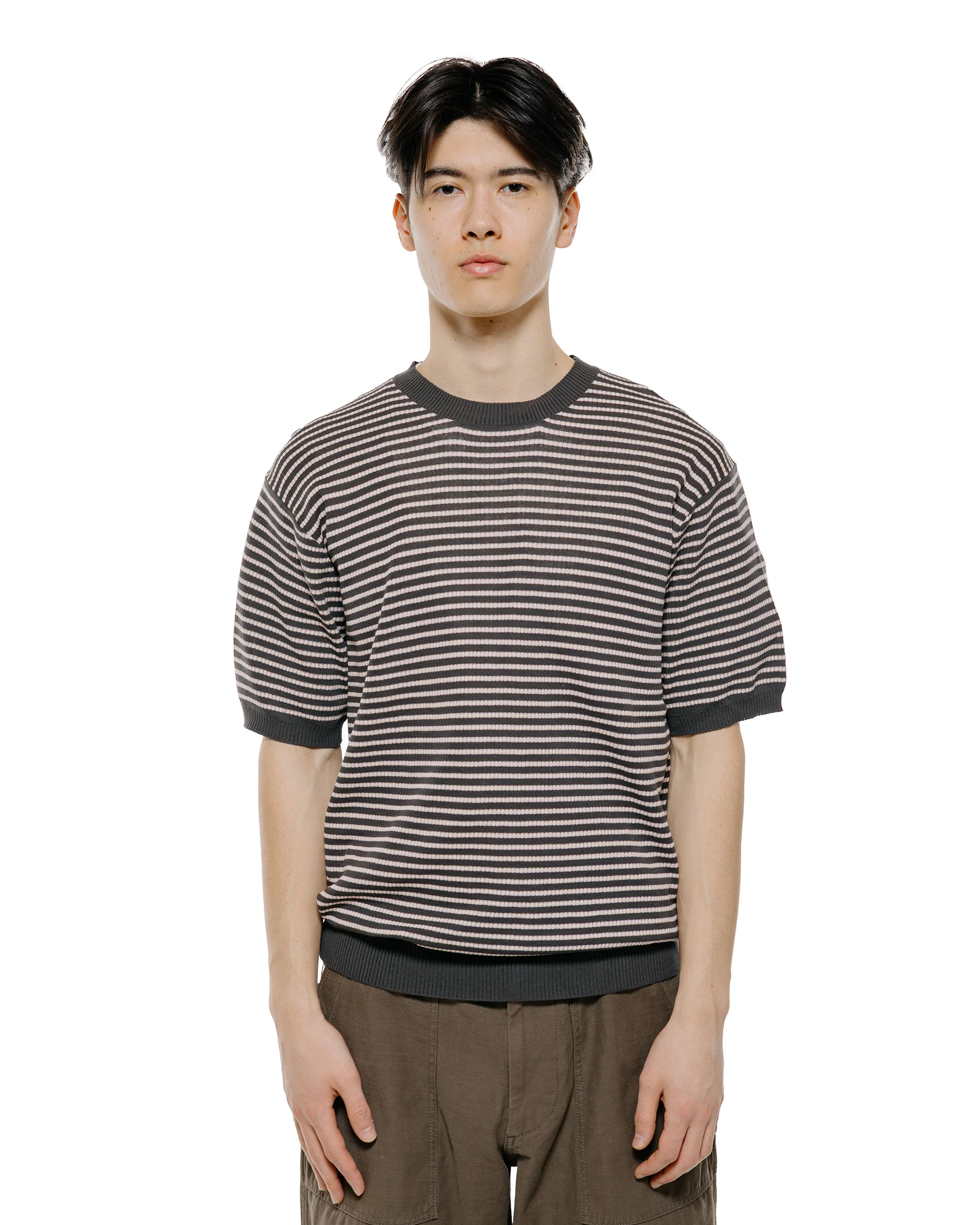 Beams Plus Knit Tee Dot Pattern Jacquard Charcoal Grey - Image 2