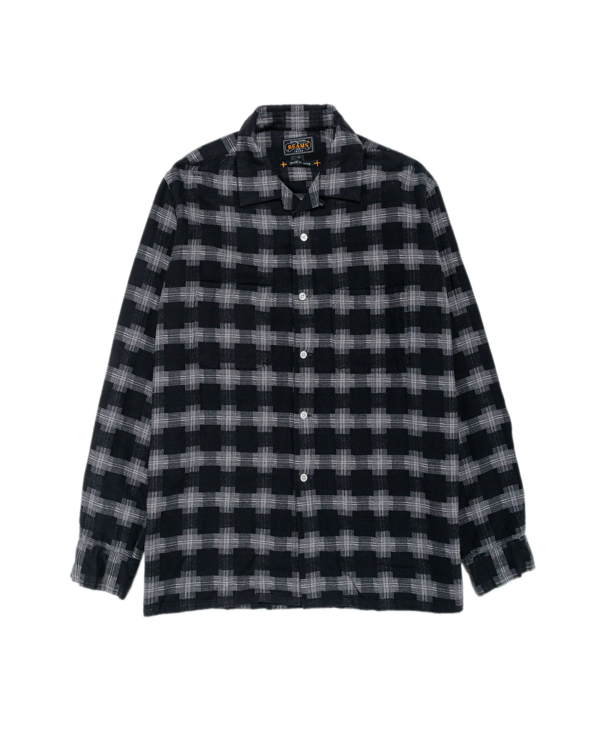 Beams Plus Open Collar Brushed Satin Plaid Black