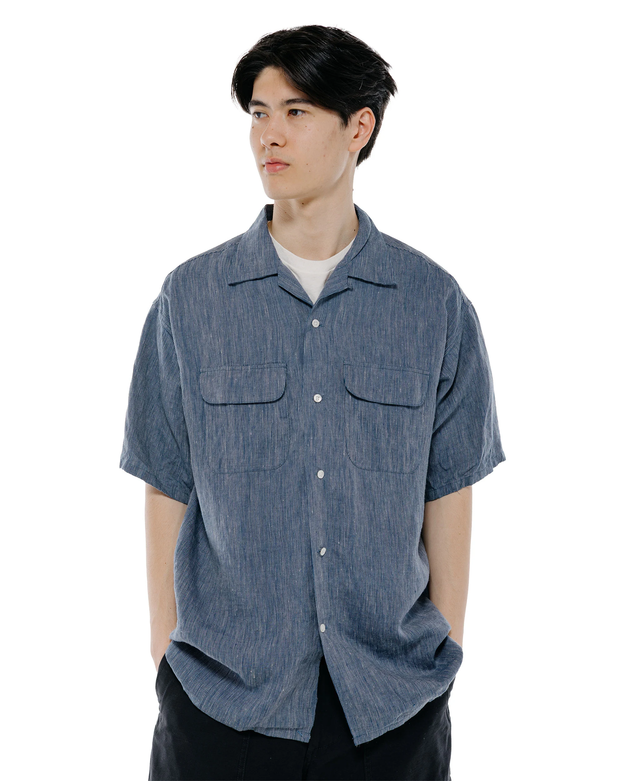 Beams Plus Open Collar Indigo Linen Stripe - Image 2