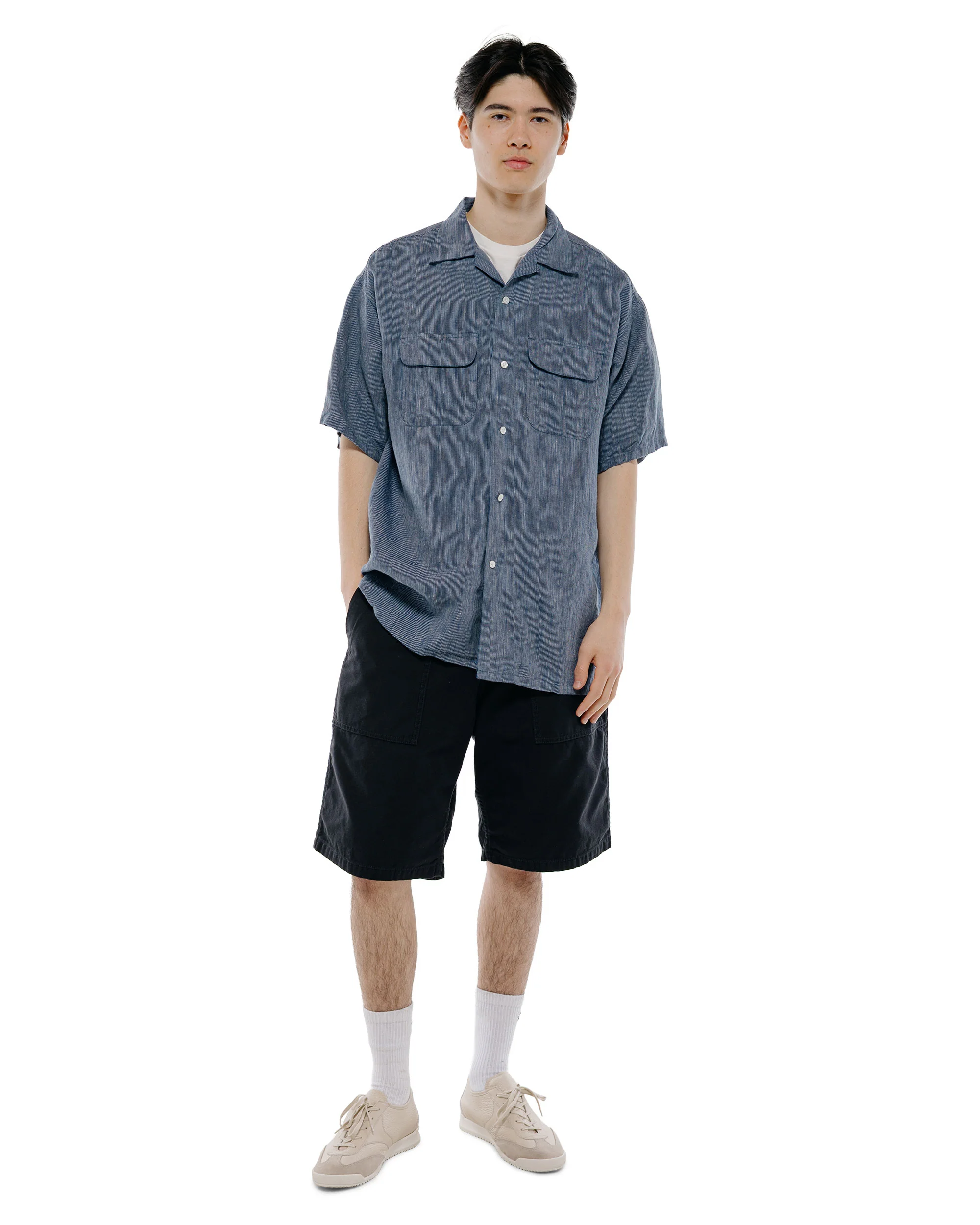 Beams Plus Open Collar Indigo Linen Stripe - Image 5