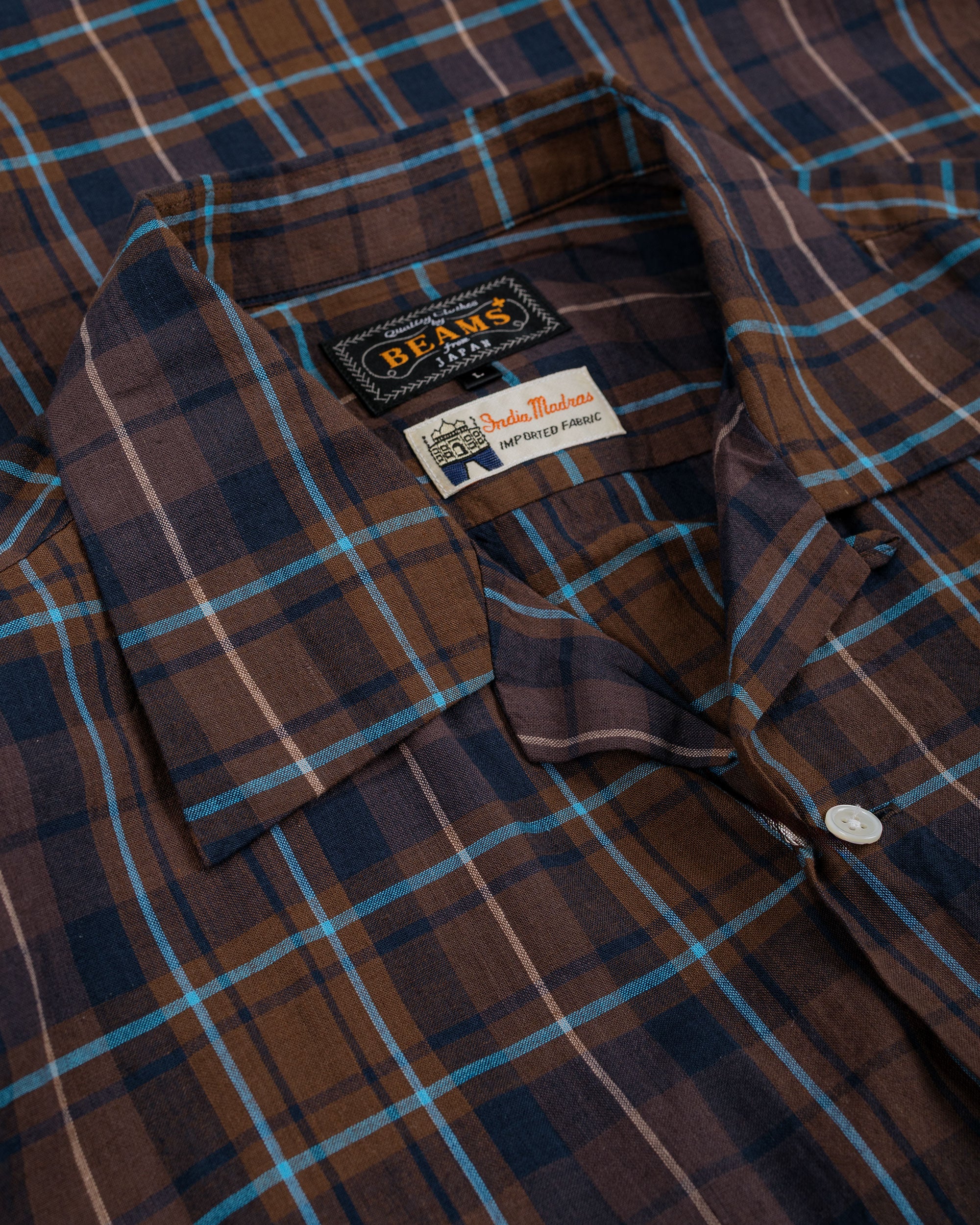 Beams Plus Open Collar Madras Brown - Image 5