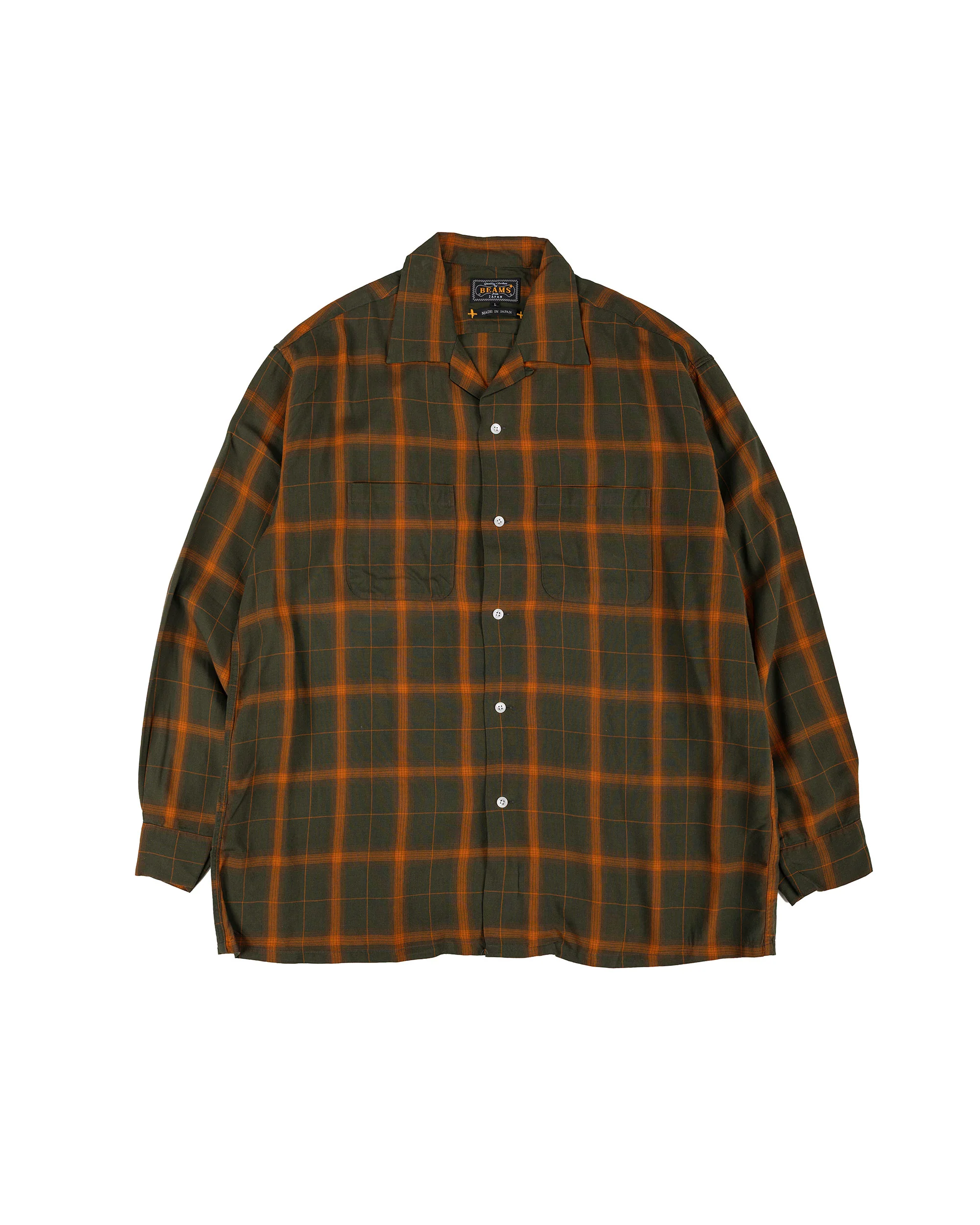 Beams Plus Open Collar Ombre Plaid Green Mustard Ombre