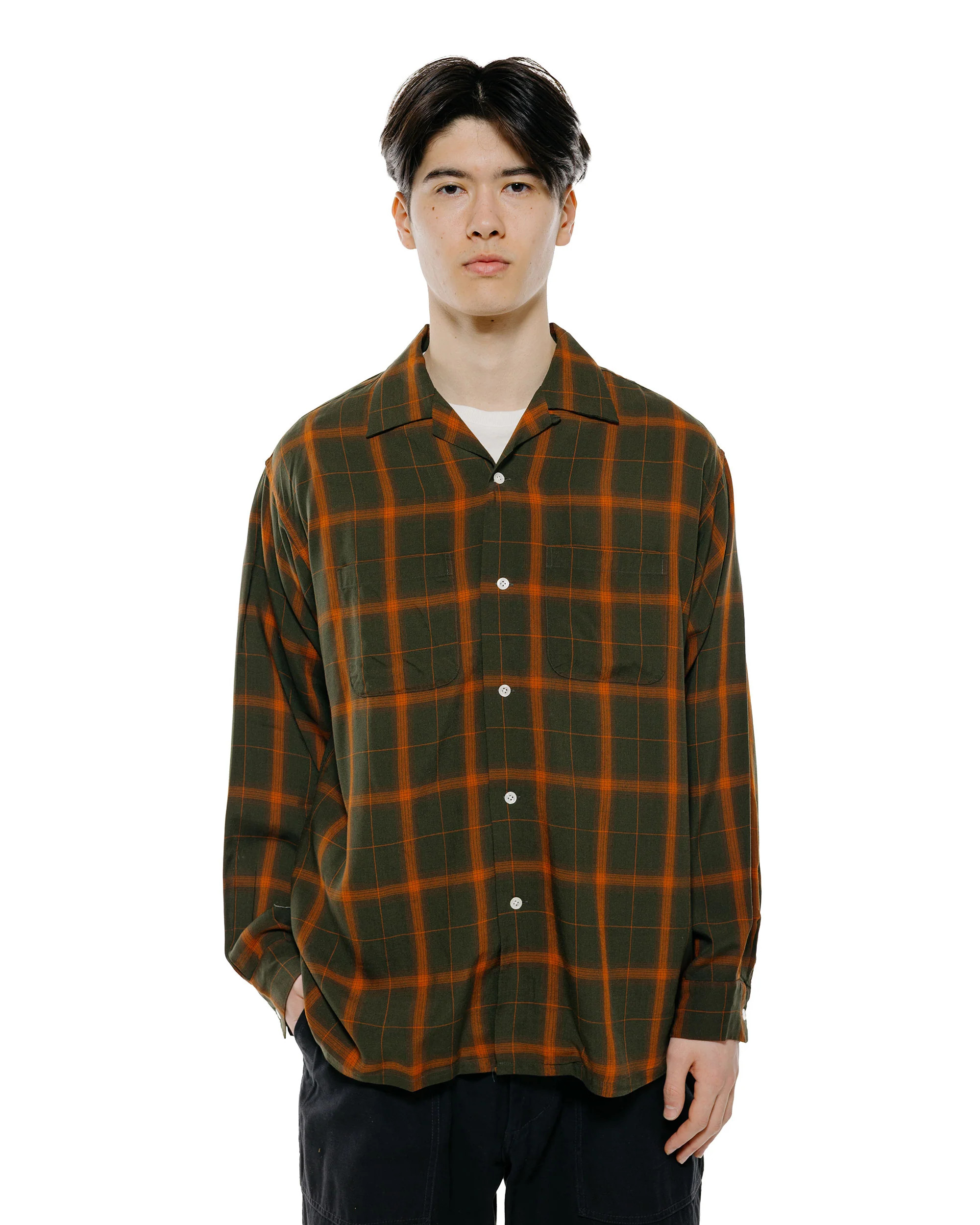 Beams Plus Open Collar Ombre Plaid Green Mustard Ombre - Image 2