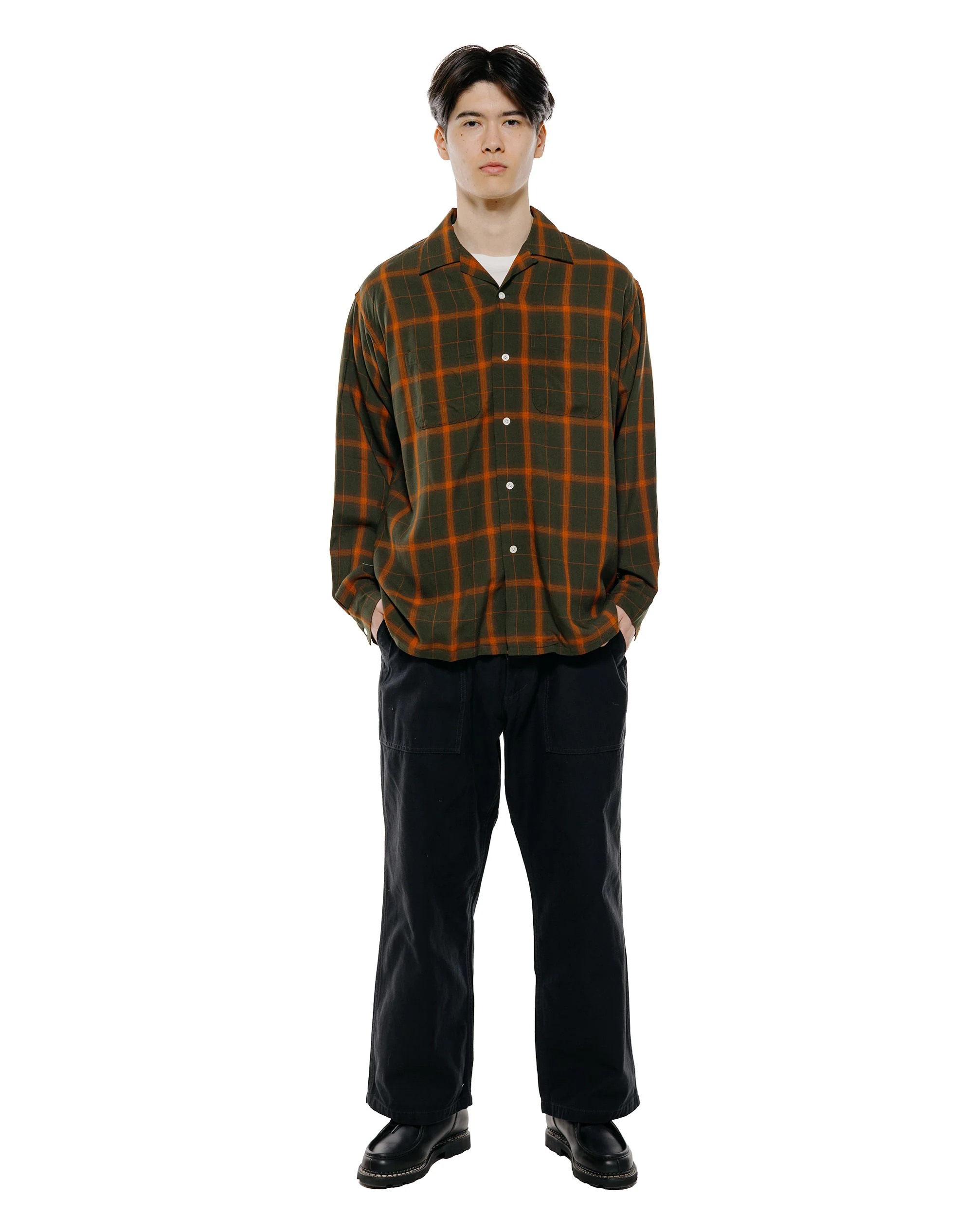 Beams Plus Open Collar Ombre Plaid Green Mustard Ombre - Image 4