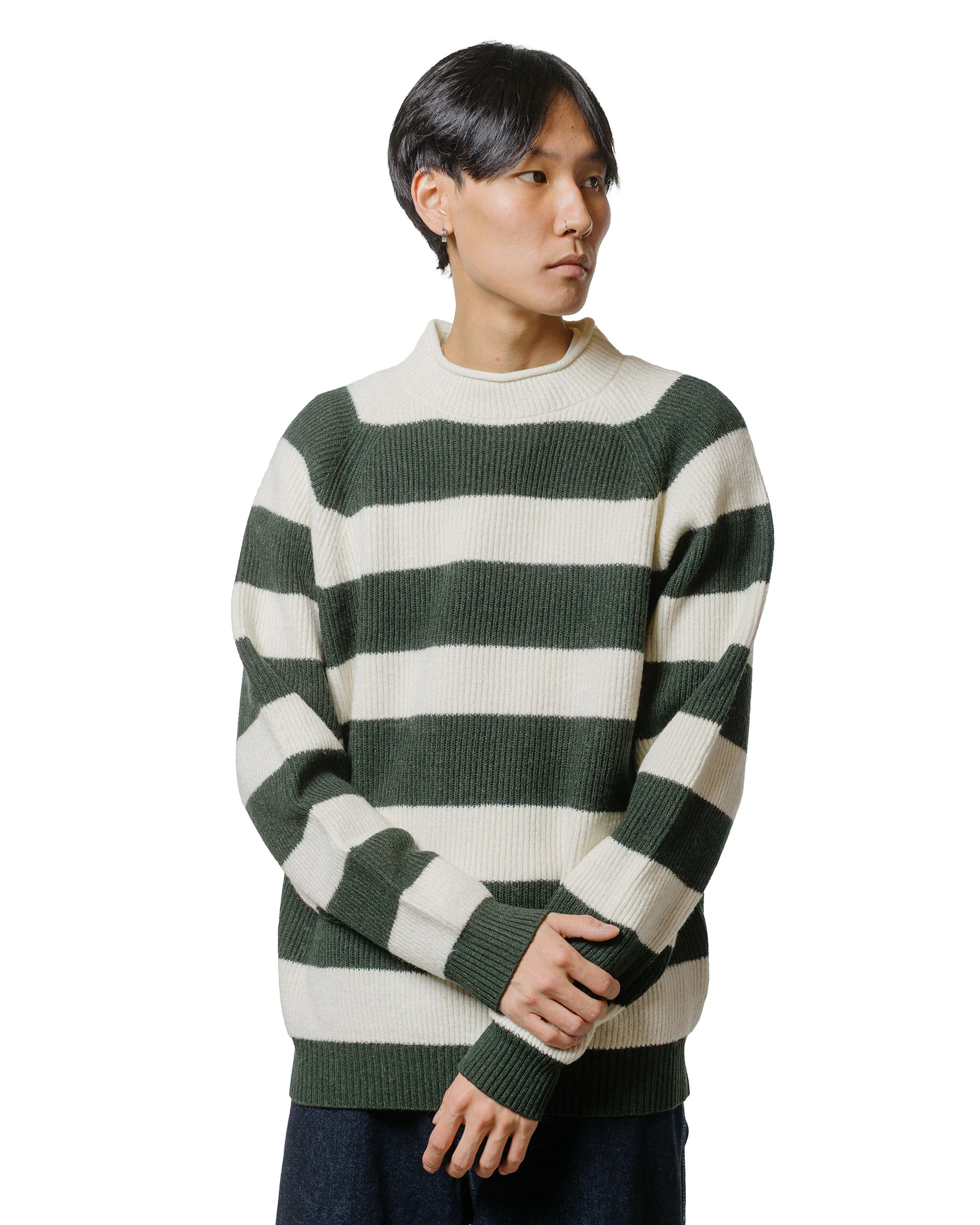 Beams Plus Hi-Neck Rib Stitch Stripe White - Image 2