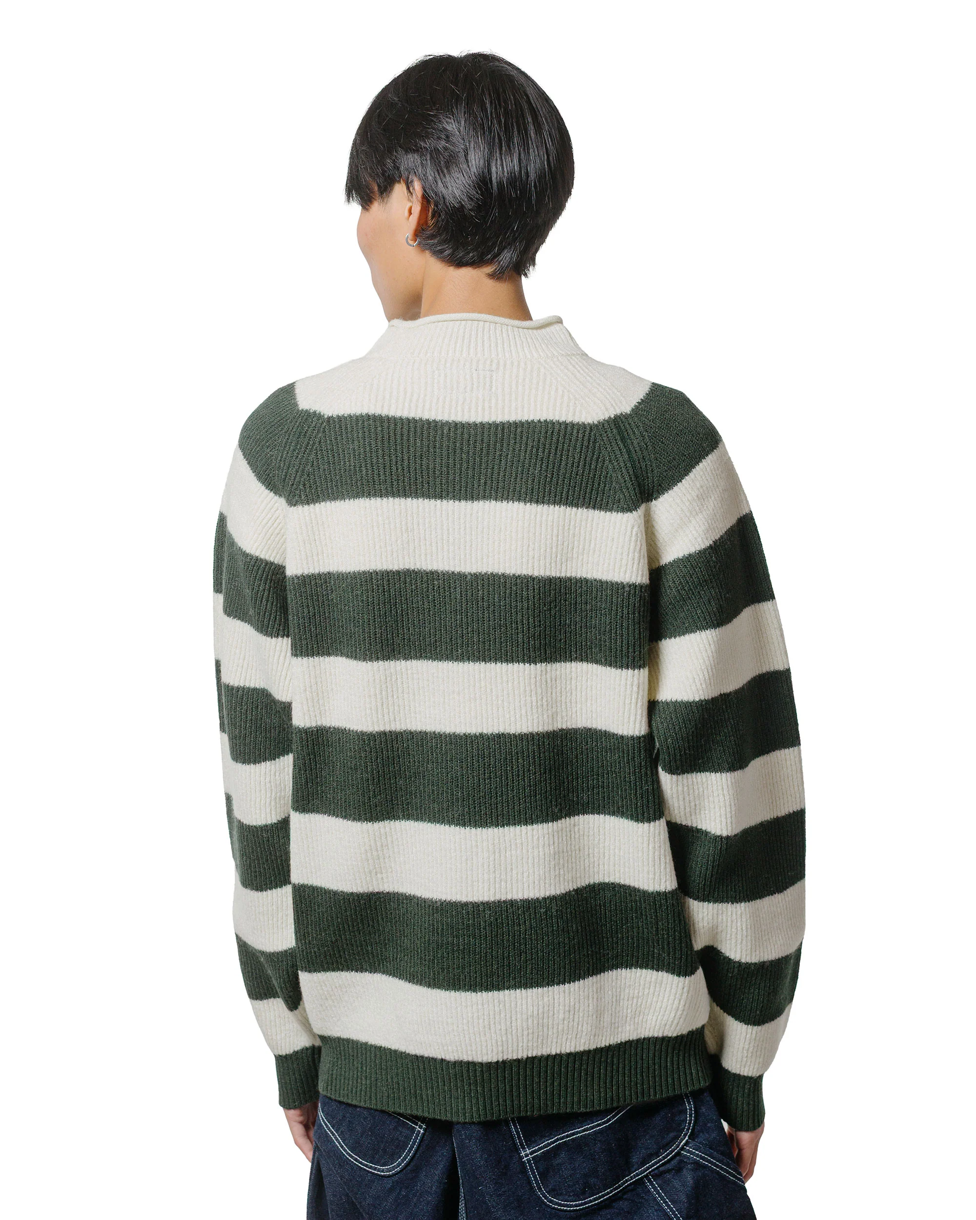 Beams Plus Hi-Neck Rib Stitch Stripe White - Image 3
