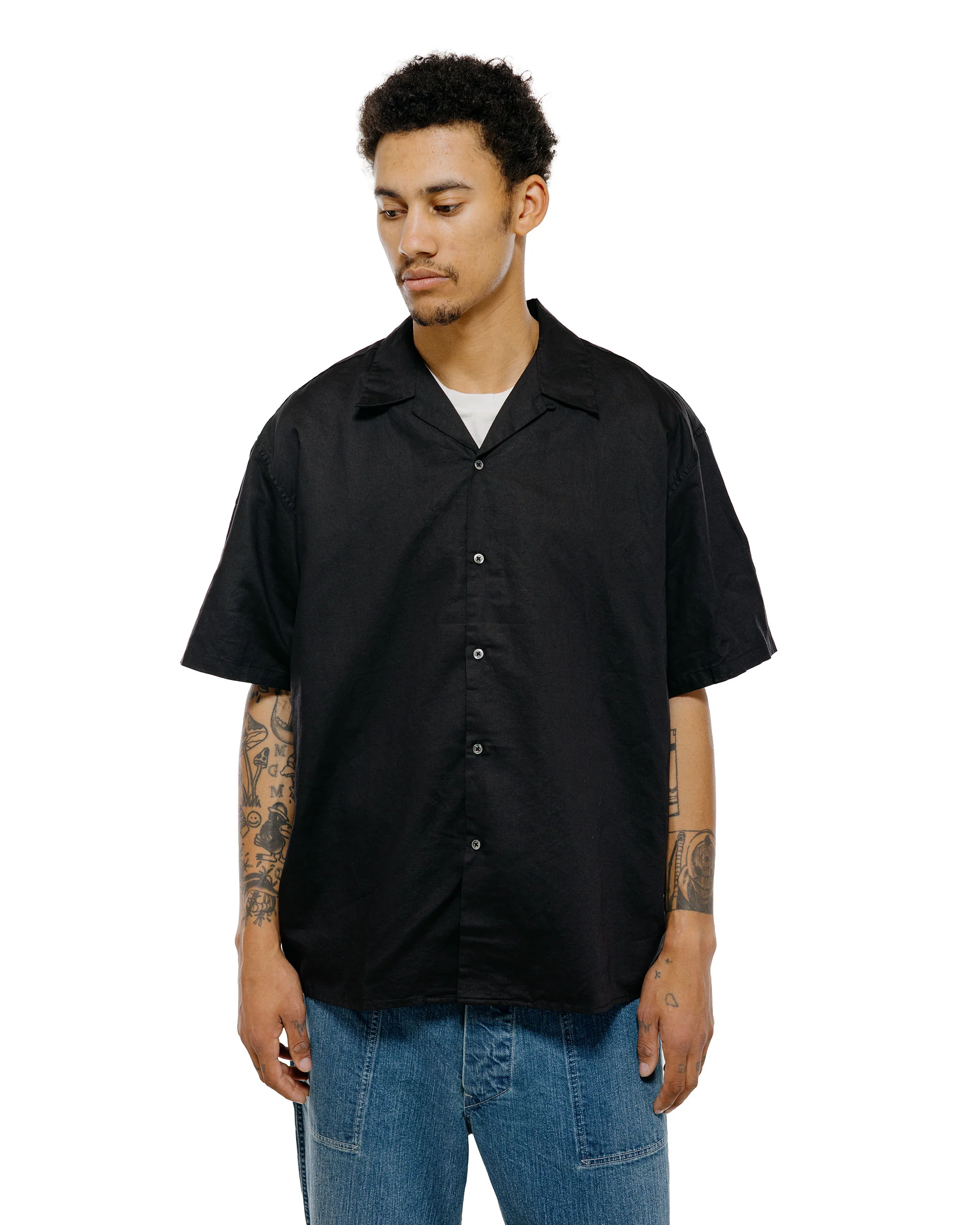 CIOTA Open Collar Short Sleeve Shirt Cotton/Linen Black - Image 2