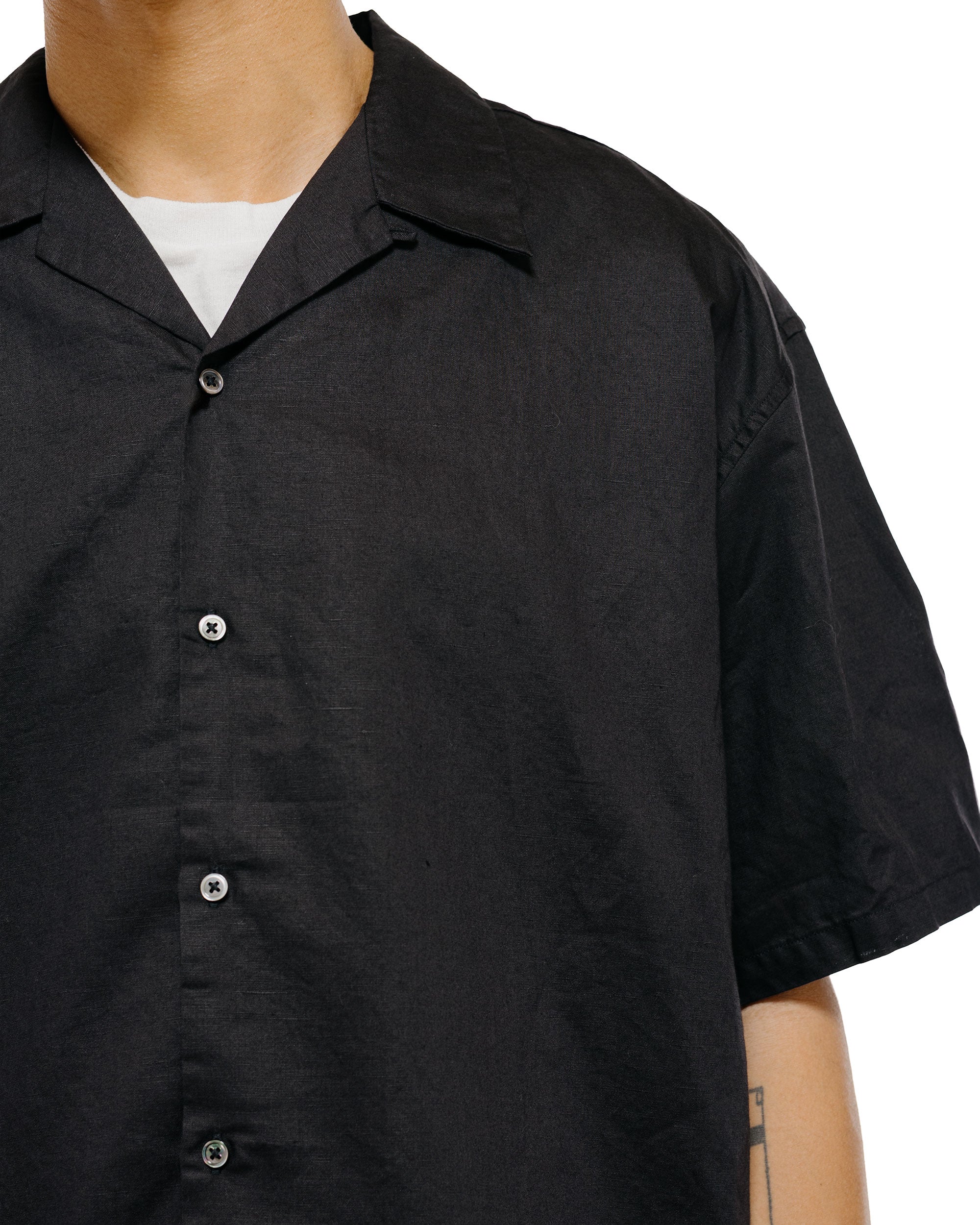 CIOTA Open Collar Short Sleeve Shirt Cotton/Linen Black - Image 3