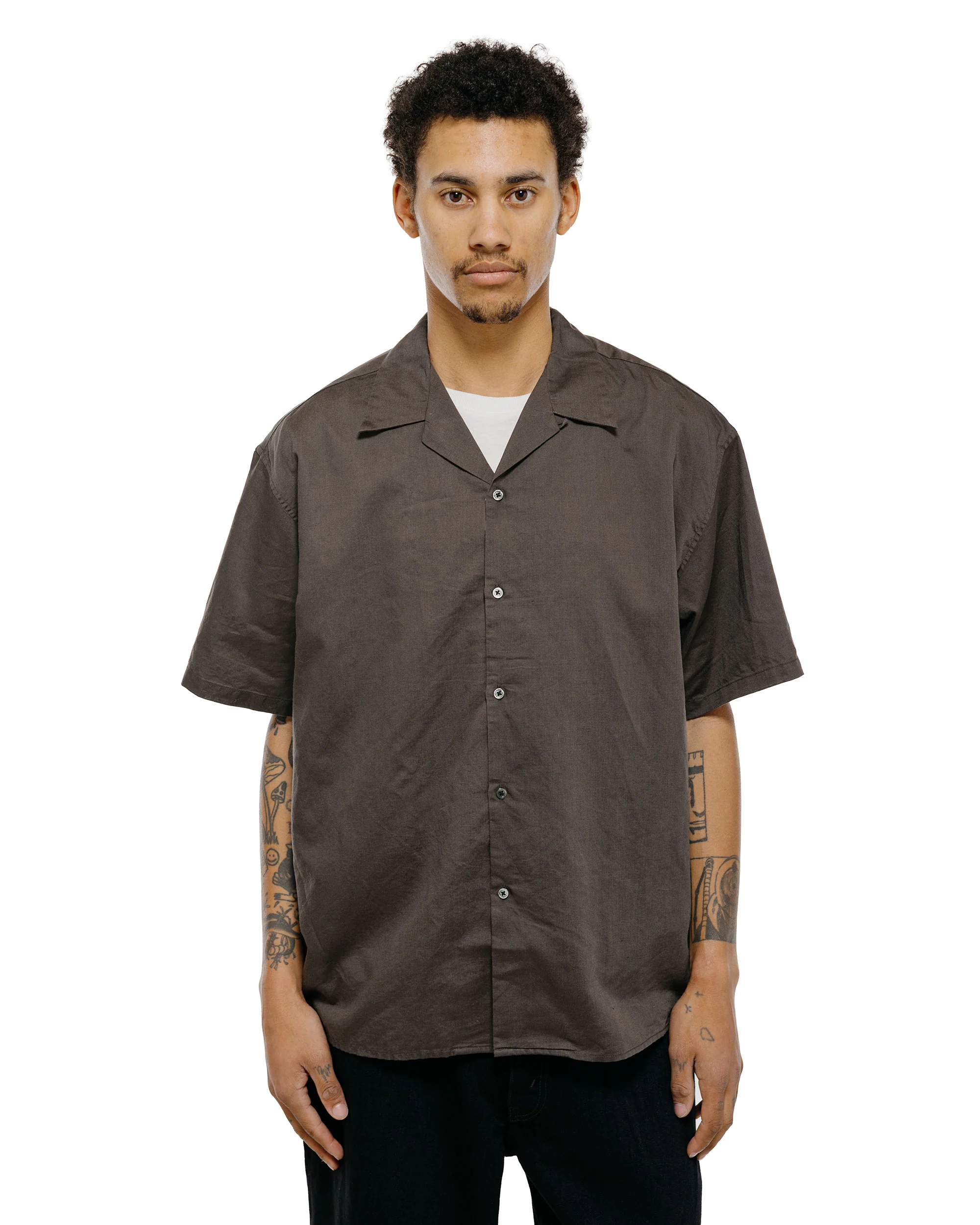 CIOTA Open Collar Short Sleeve Shirt Cotton/Linen Charcoal - Image 2