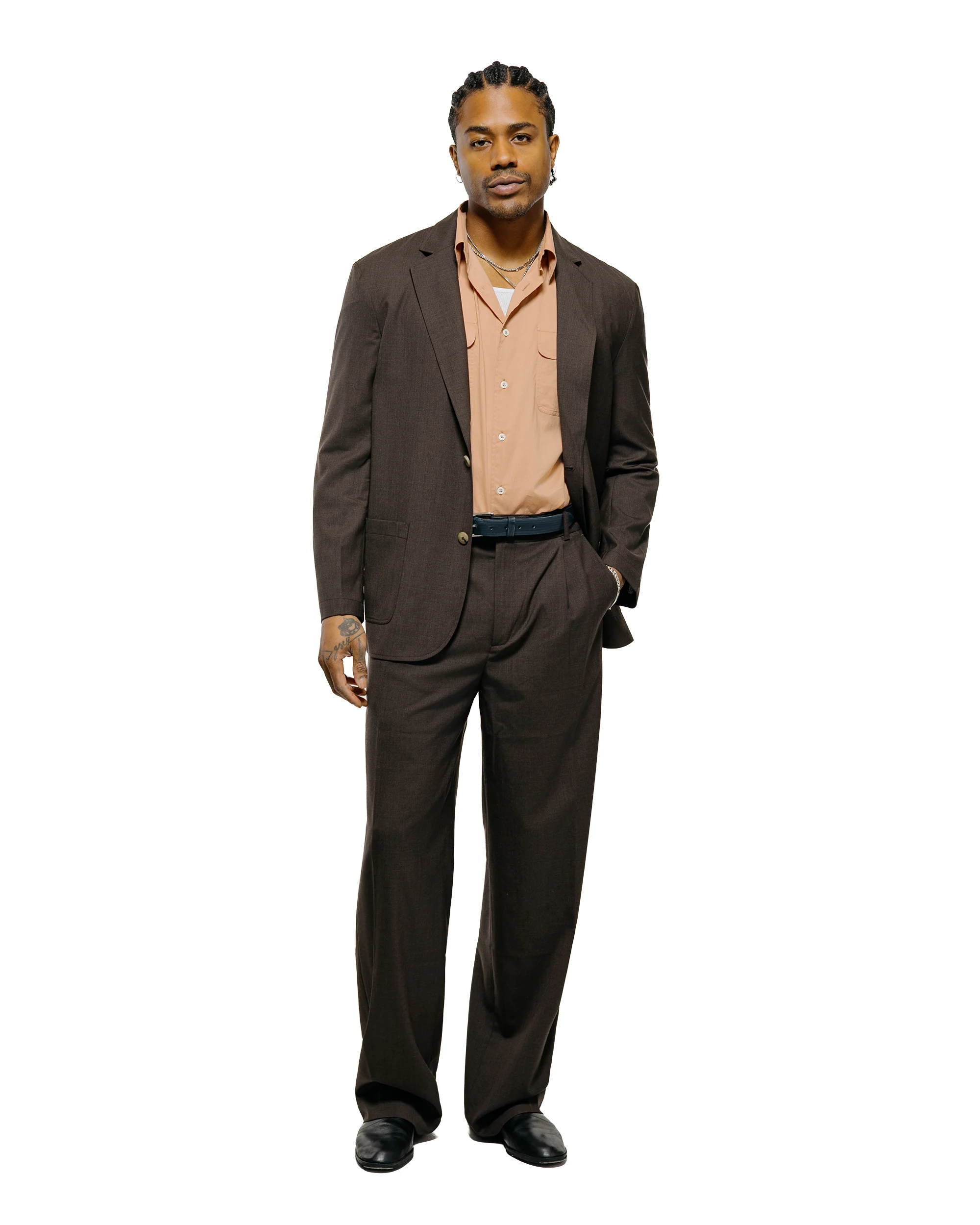 De Bonne Facture Grandad Trouser Super 130's Cold Wool Bark Brown - Image 5