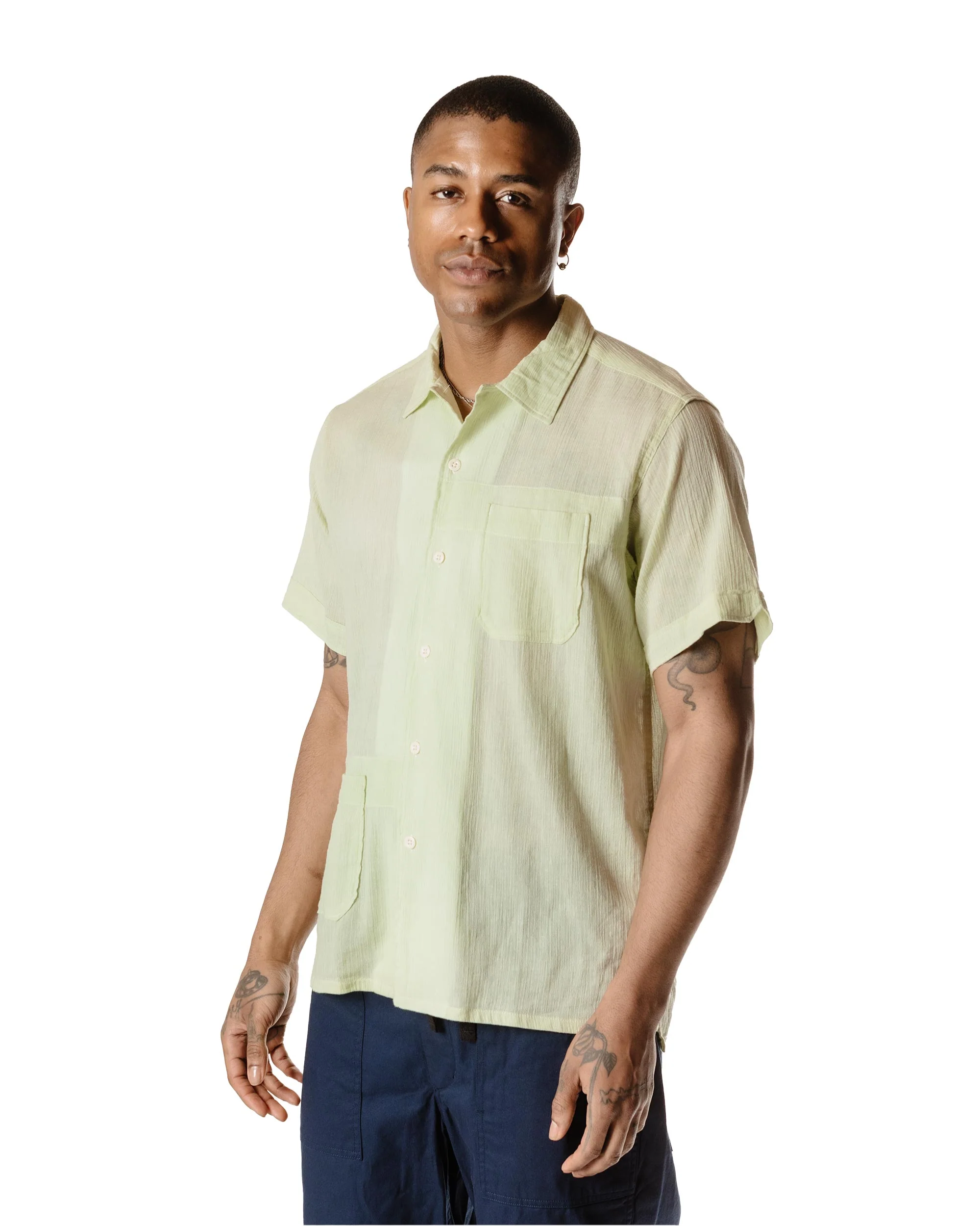Engineered Garments Camp Shirt Lime Cotton Crepe - Image 3