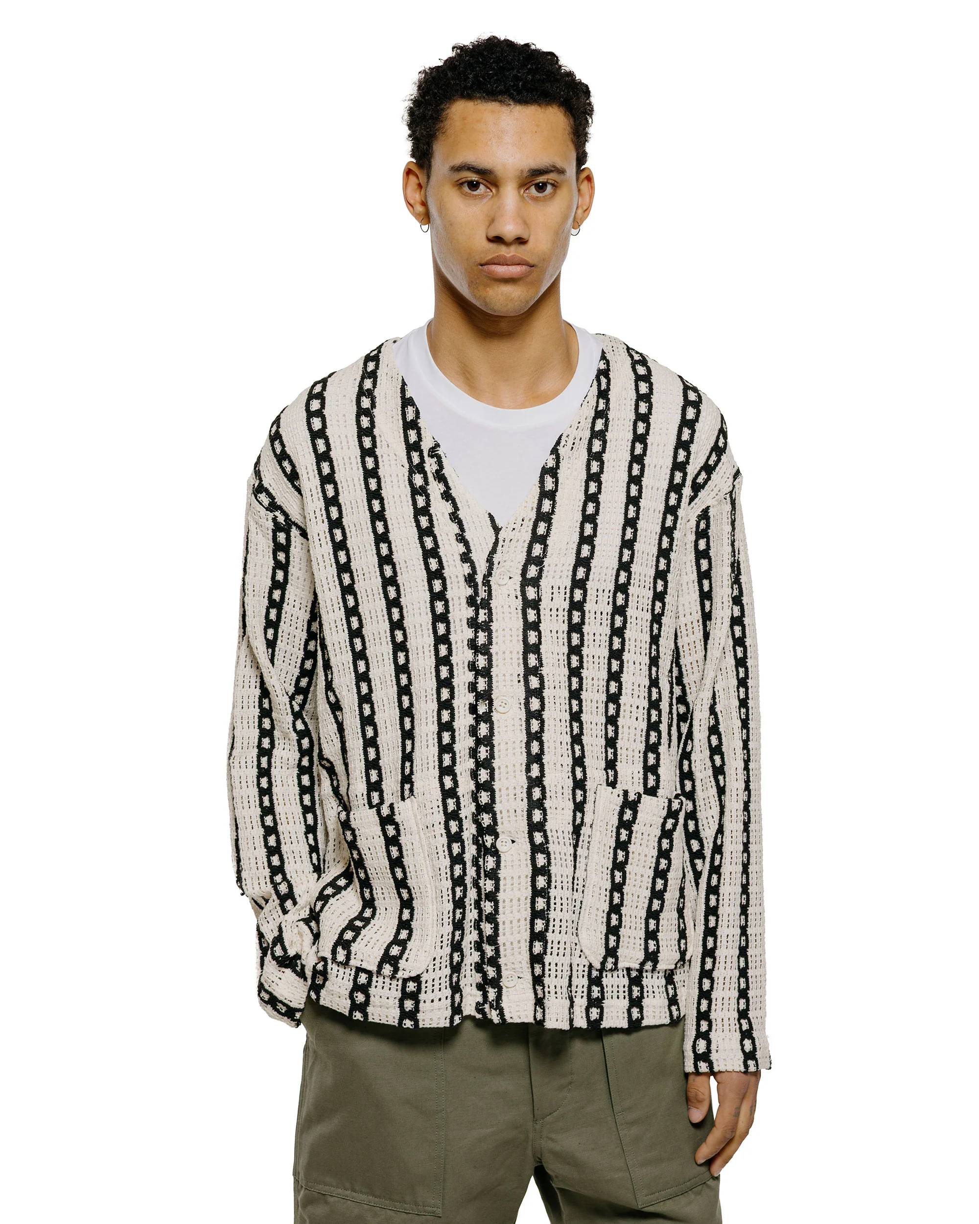 Engineered Garments Knit Cardigan White/Black Stripe CP Crochet - Image 2