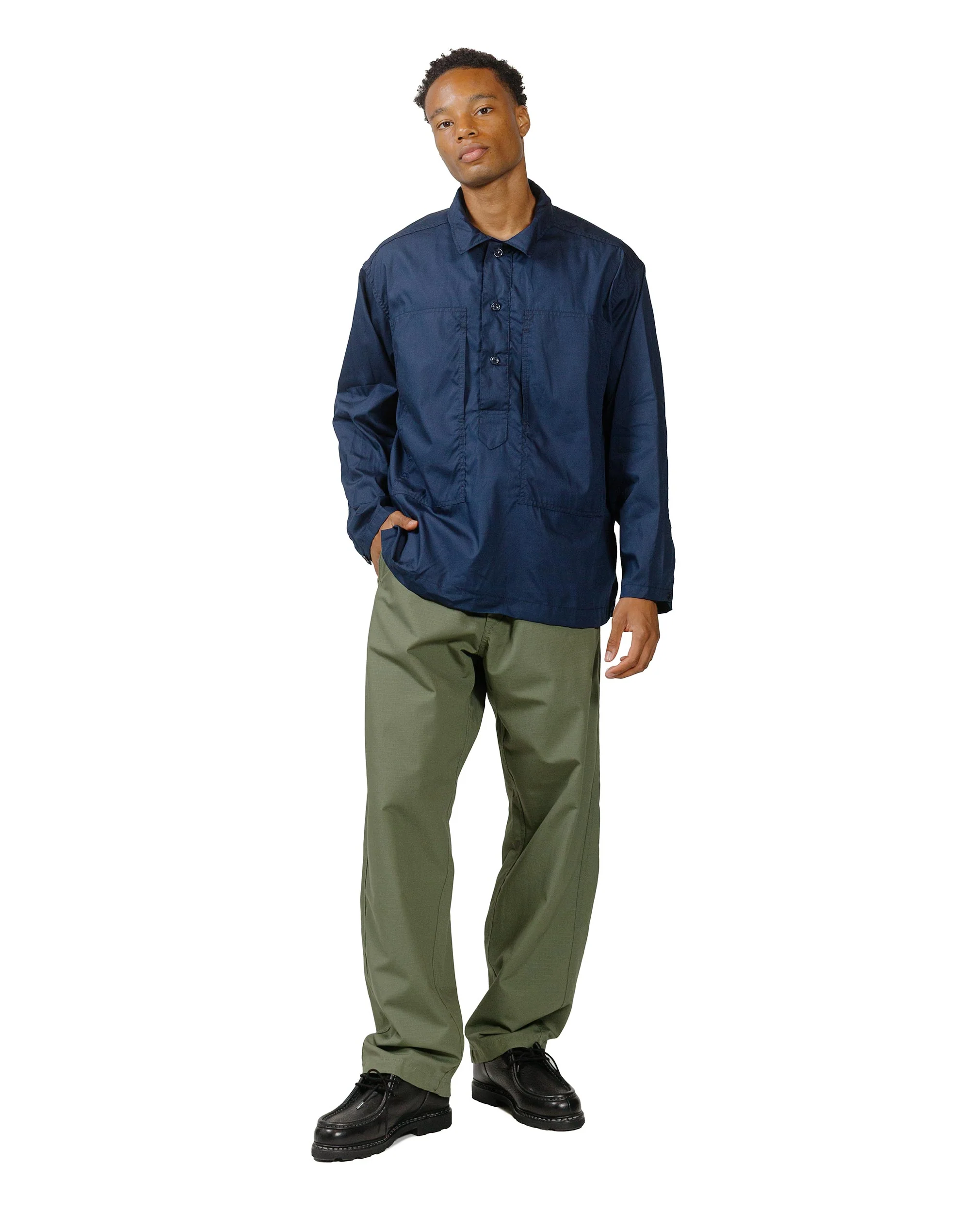 Engineered Garments Workaday Army Pop Over Shirt Navy Superfine Poplin - Image 4
