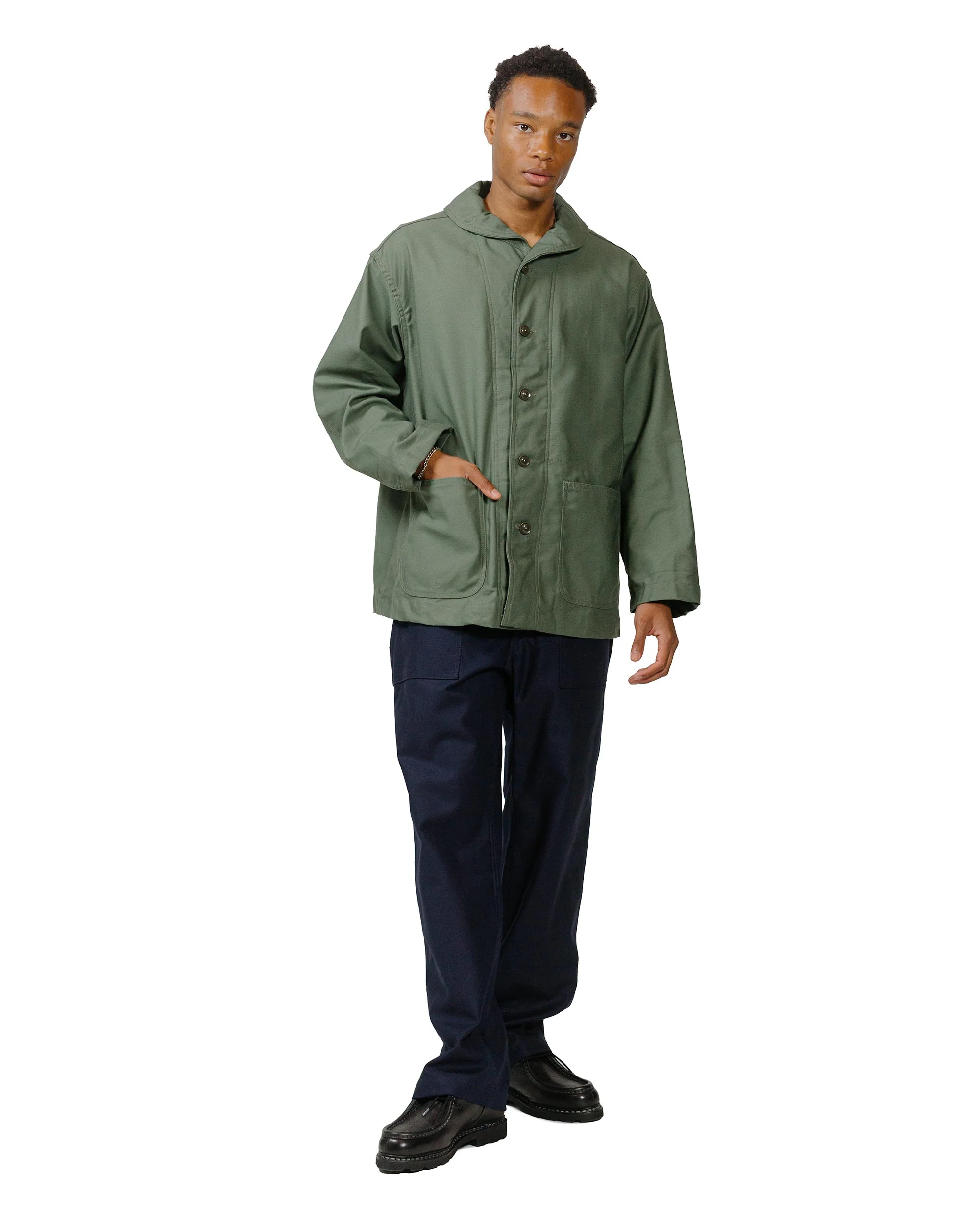 Engineered Garments Workaday Shawl Collar Jacket Olive Cotton Reverse Sateen - Image 4