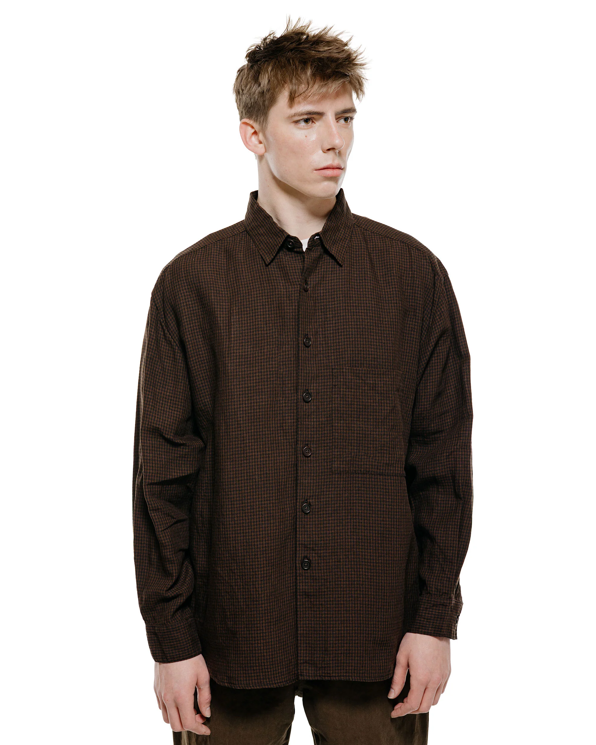 evan kinori Big Shirt Two Overdyed Linen Check Brown/Black Logwood Overdye - Image 2