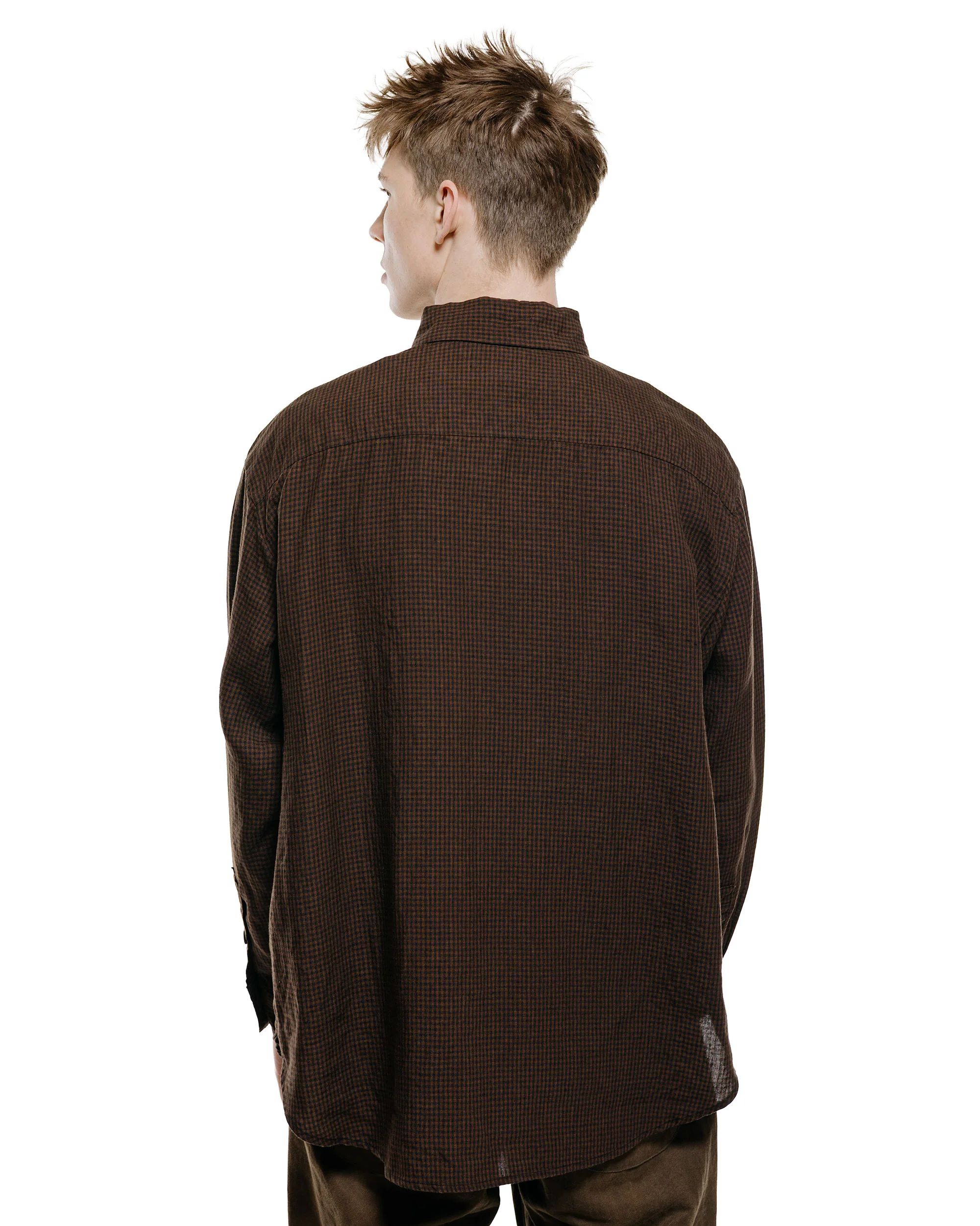 evan kinori Big Shirt Two Overdyed Linen Check Brown/Black Logwood Overdye - Image 3