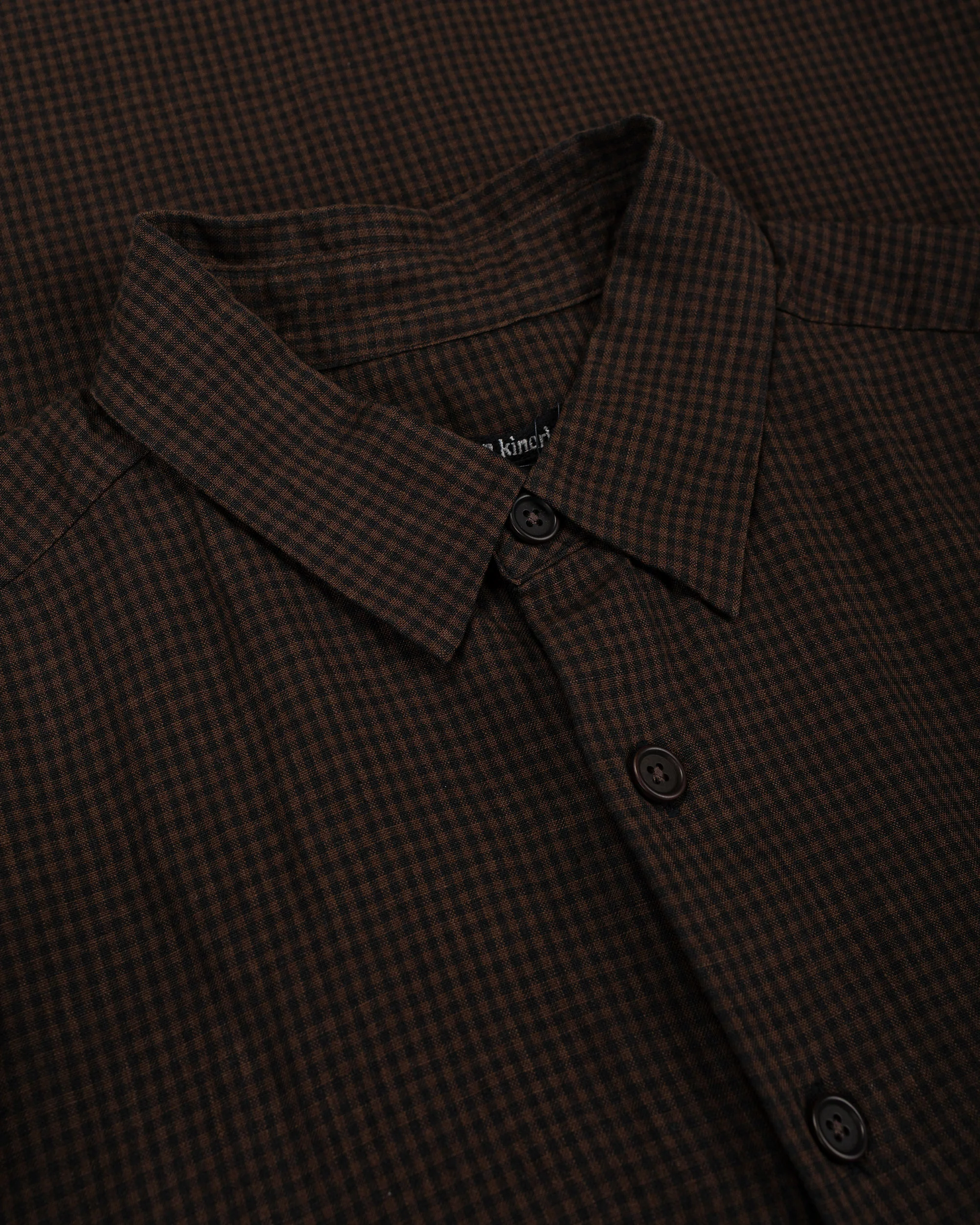 evan kinori Big Shirt Two Overdyed Linen Check Brown/Black Logwood Overdye - Image 4