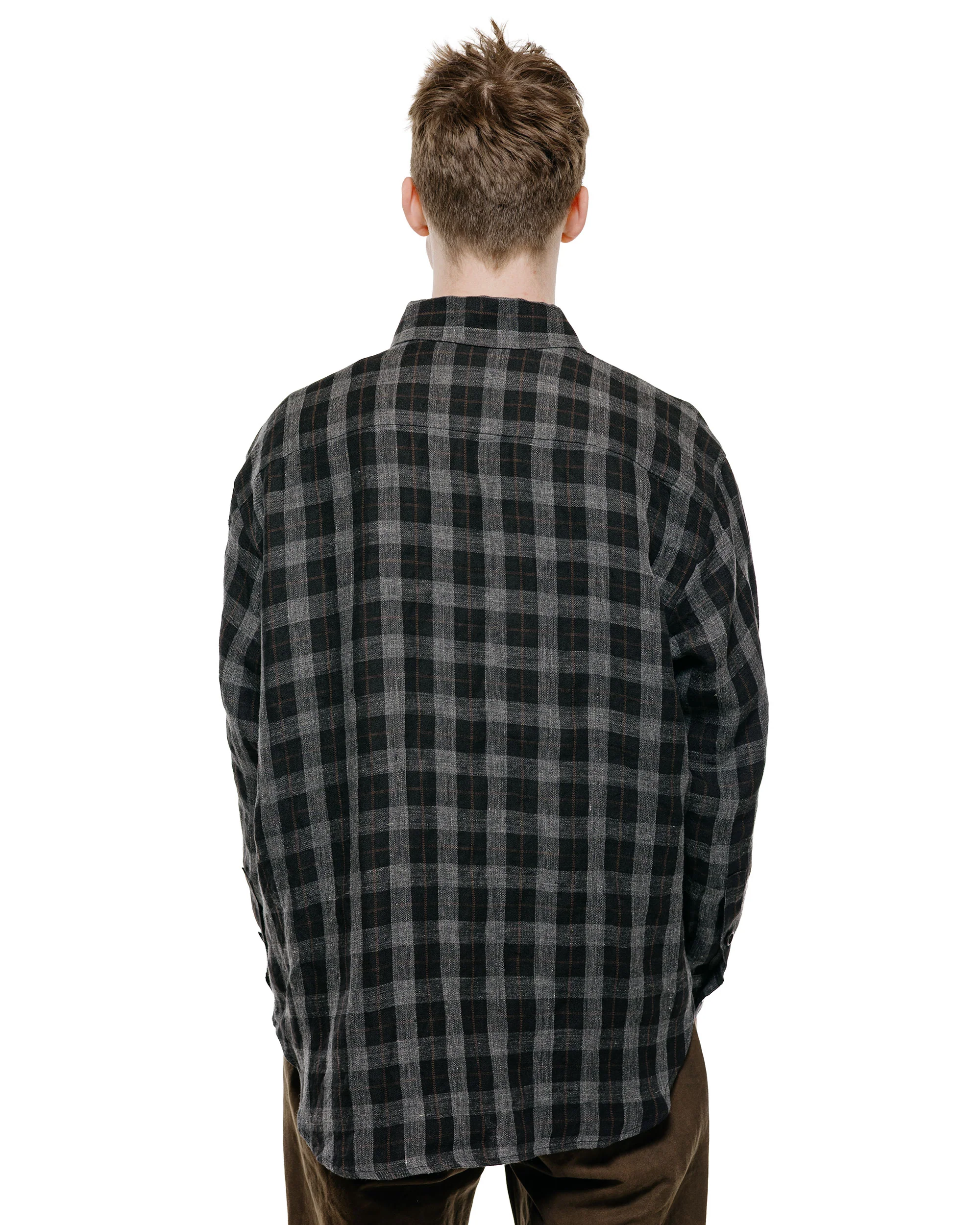evan kinori Big Shirt Two Yarn Dye Linen Check Charcoal/Brown/Black - Image 3
