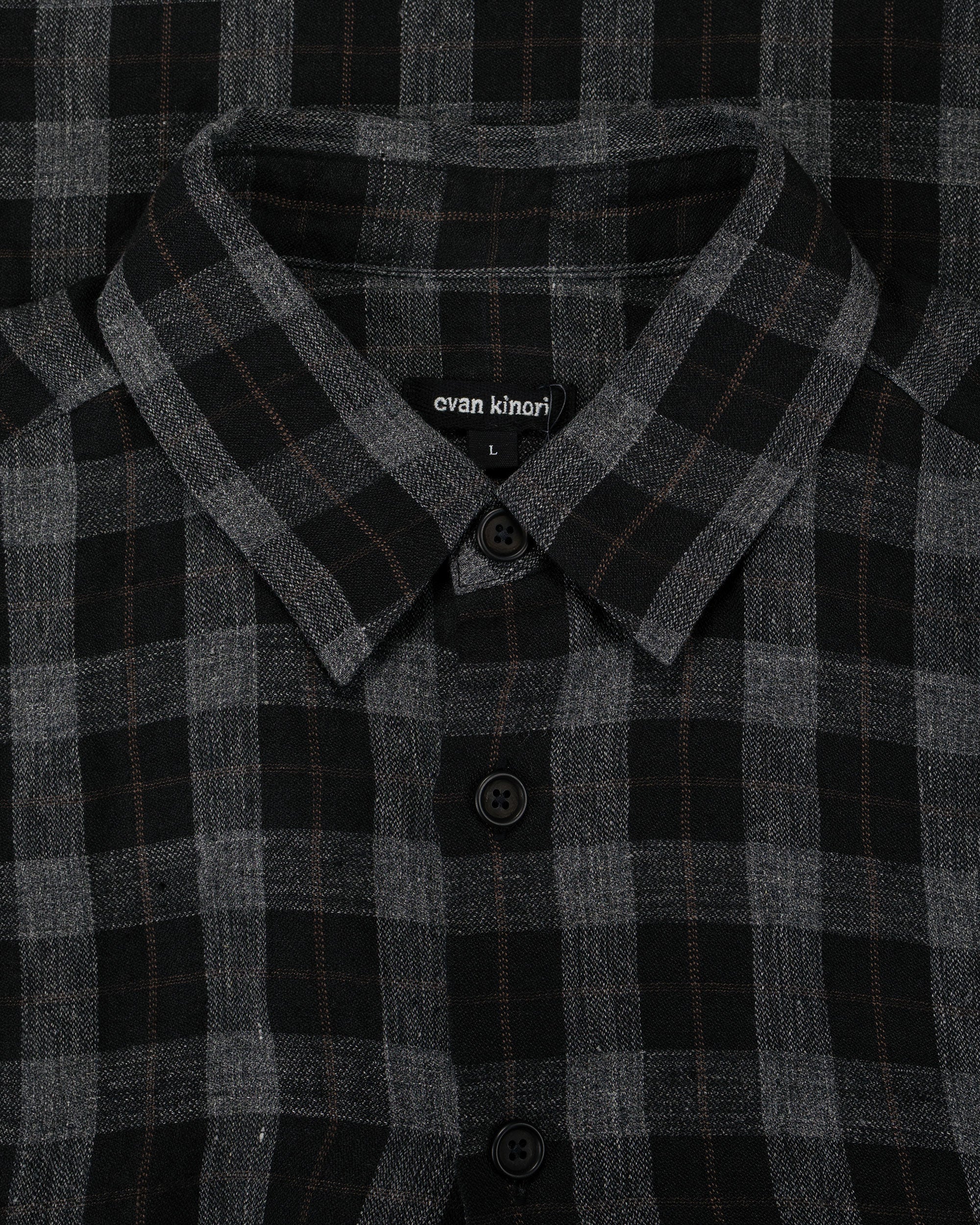 evan kinori Big Shirt Two Yarn Dye Linen Check Charcoal/Brown/Black - Image 4