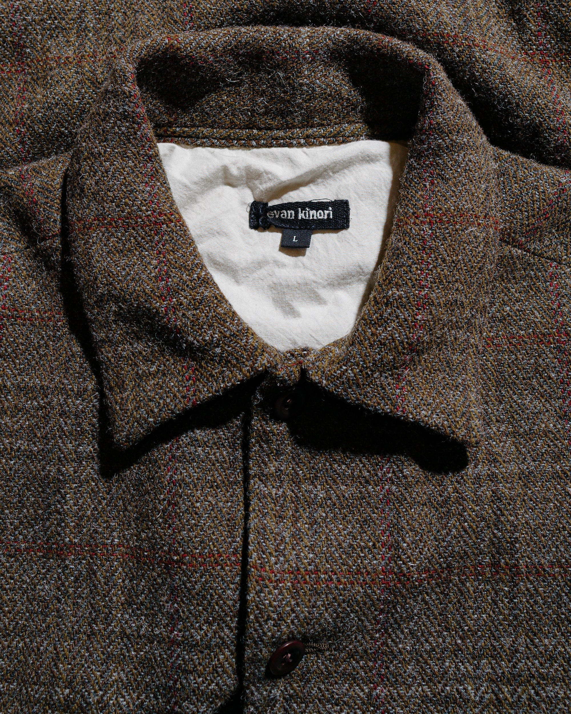 evan kinori Field Shirt Two Wool Herringbone Check Dark Olive/Charcoal - Image 5