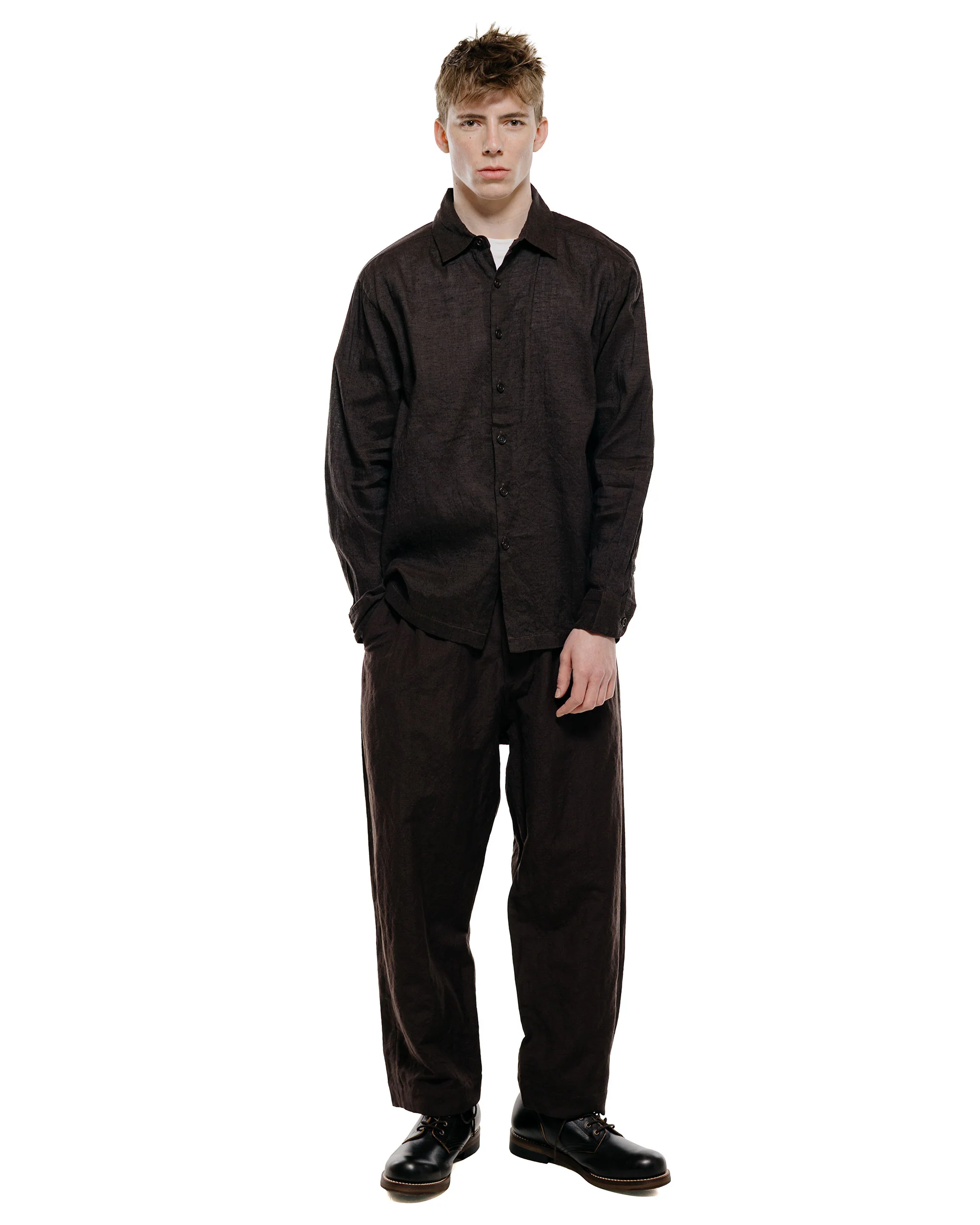 evan kinori Flat Hem Shirt Linen/Cotton Summercloth Brown/Navy - Image 4