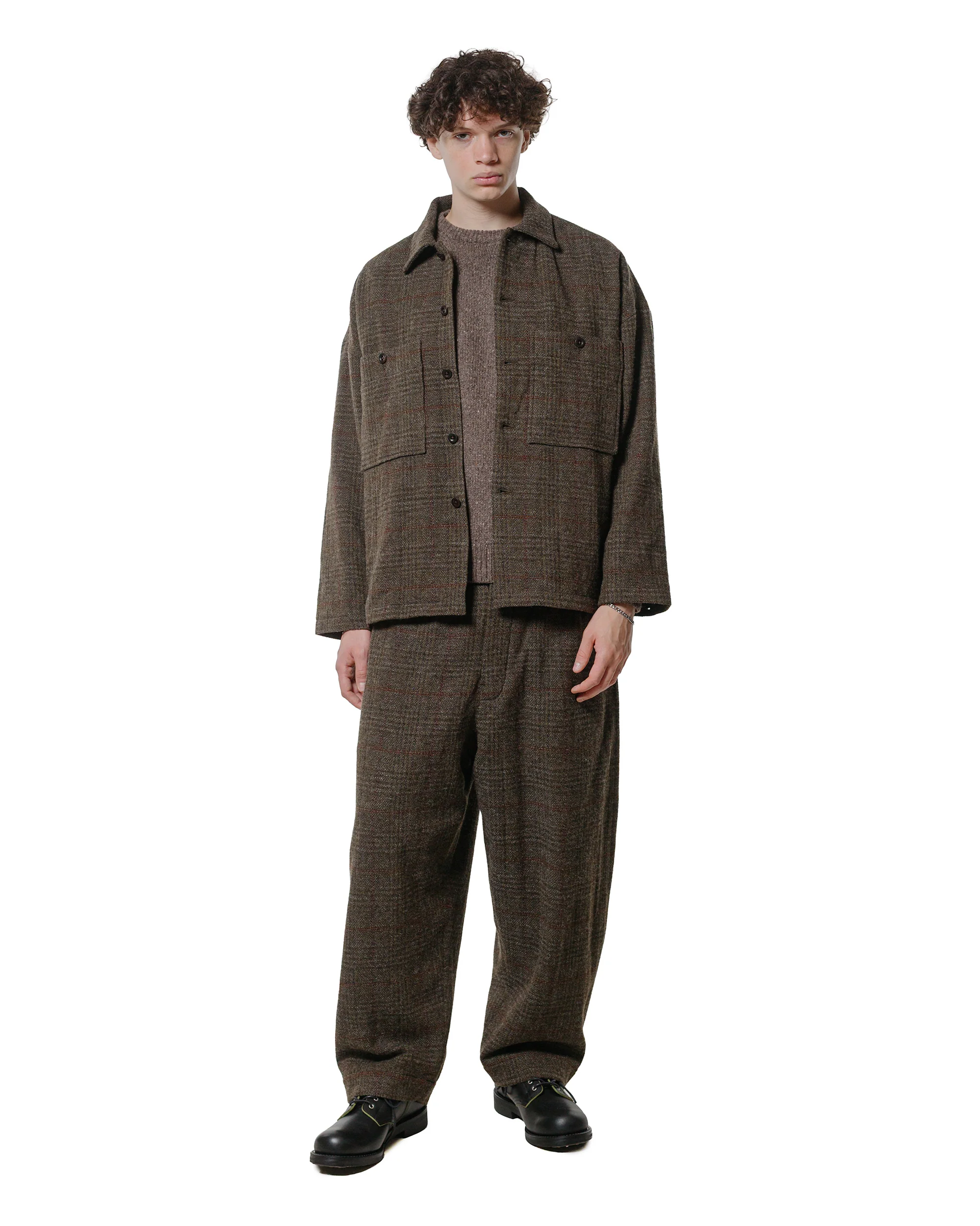 evan kinori Two Pleat Pant Wool Herringbone Check Dark Olive/Charcoal - Image 4