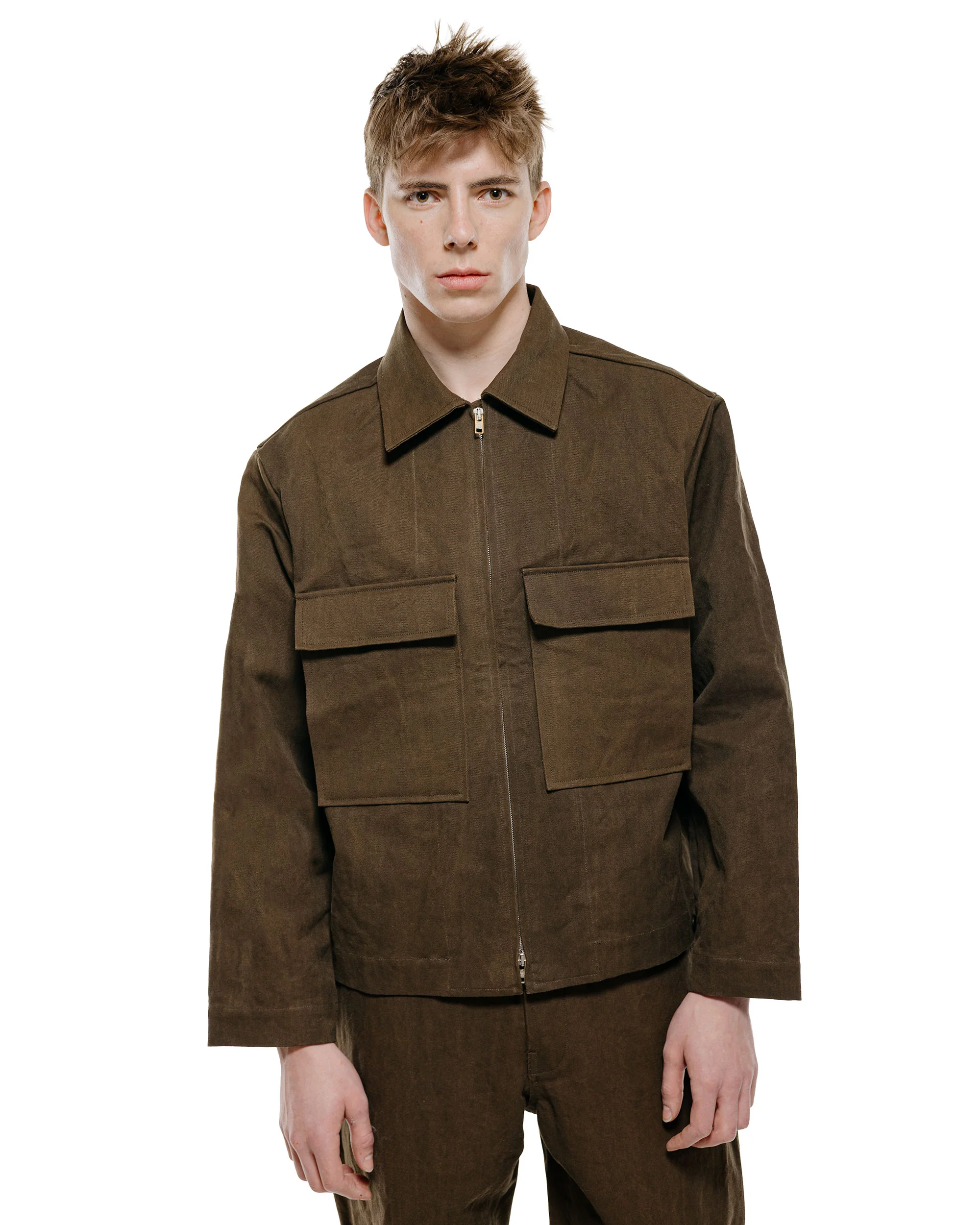 evan kinori Zip Jacket Cotton/Washi Canvas Dark Olive Sumi Ink Dye - Image 2