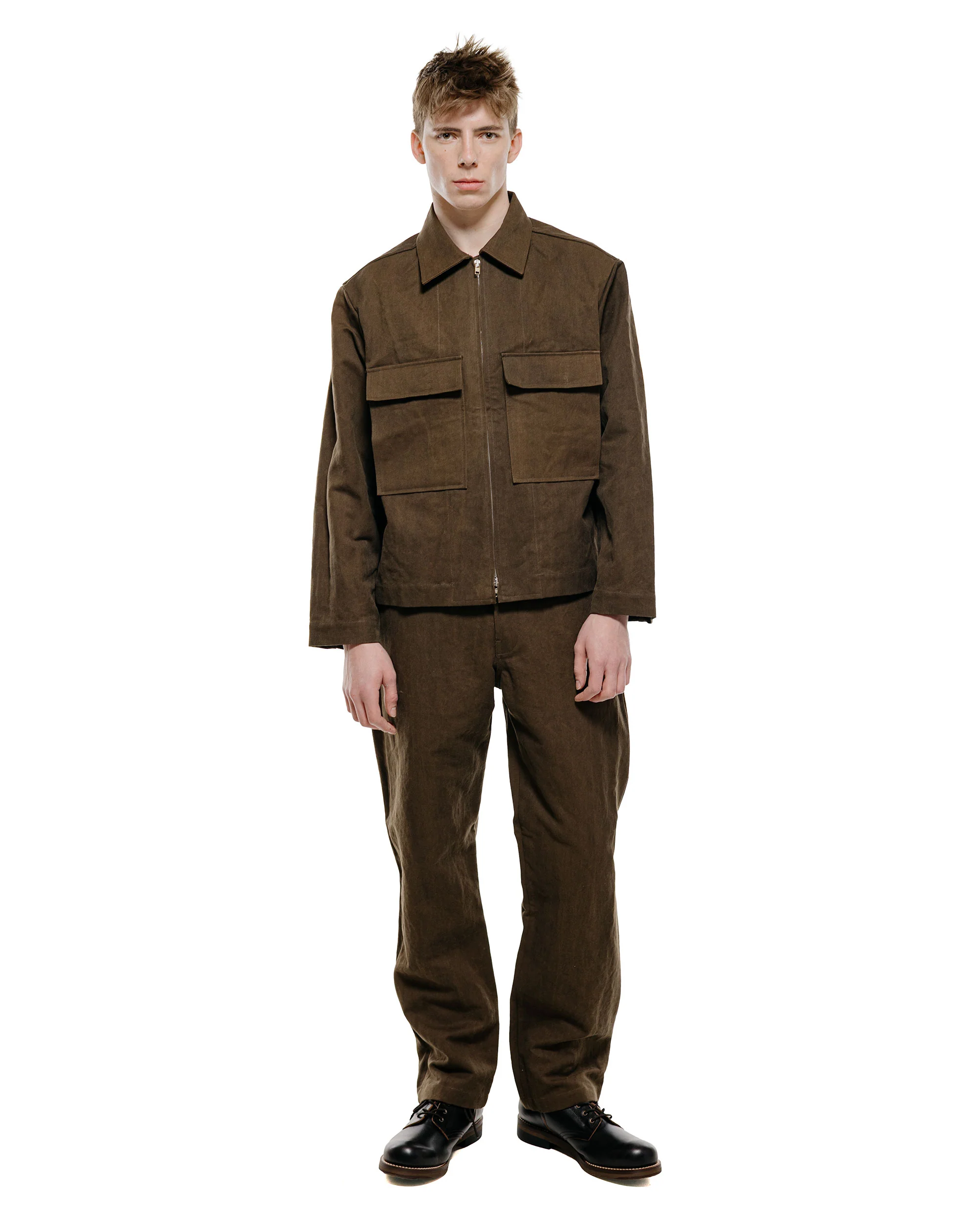 evan kinori Zip Jacket Cotton/Washi Canvas Dark Olive Sumi Ink Dye - Image 4