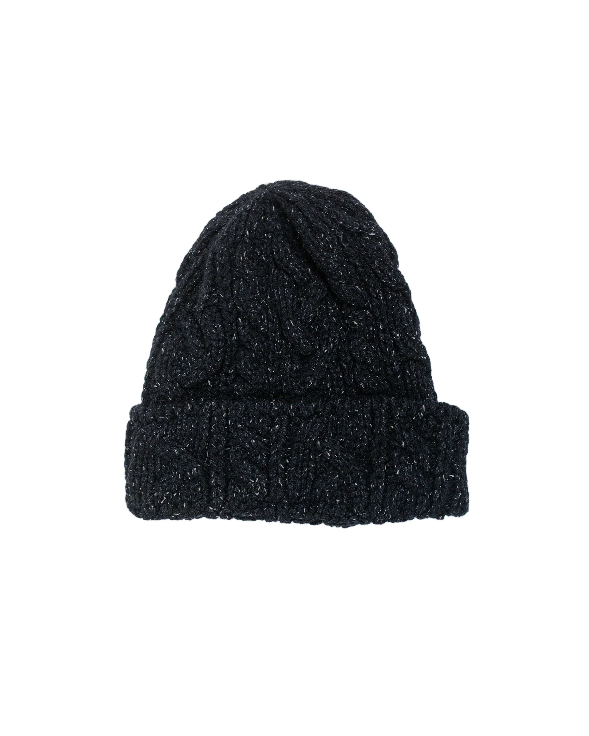 Found Feather Chunky Cable Knit Beanie Italian Donegal Wool Black