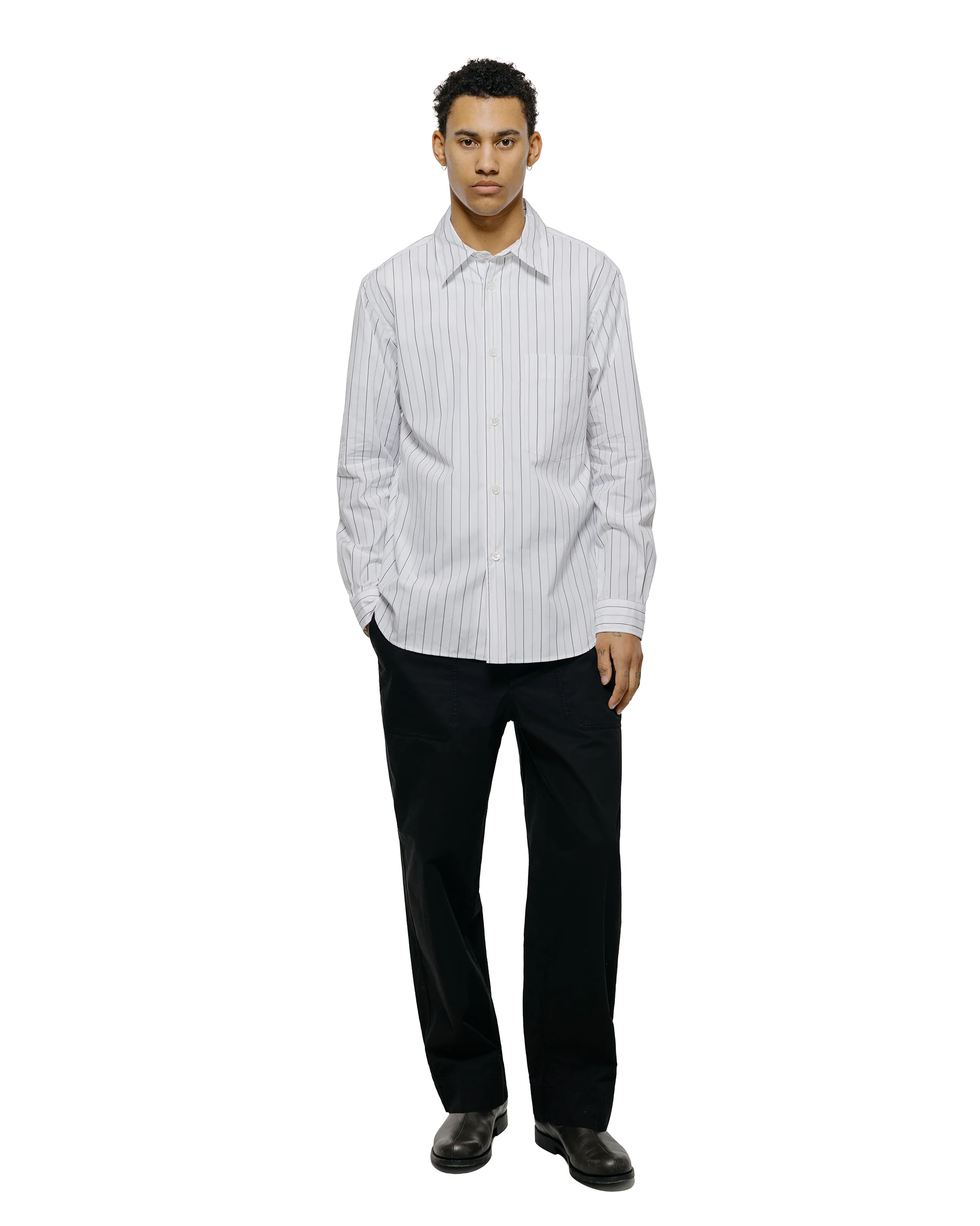 Margaret Howell Basic Shirt Wide Graphic Stripe Cotton White/Charcoal - Image 4