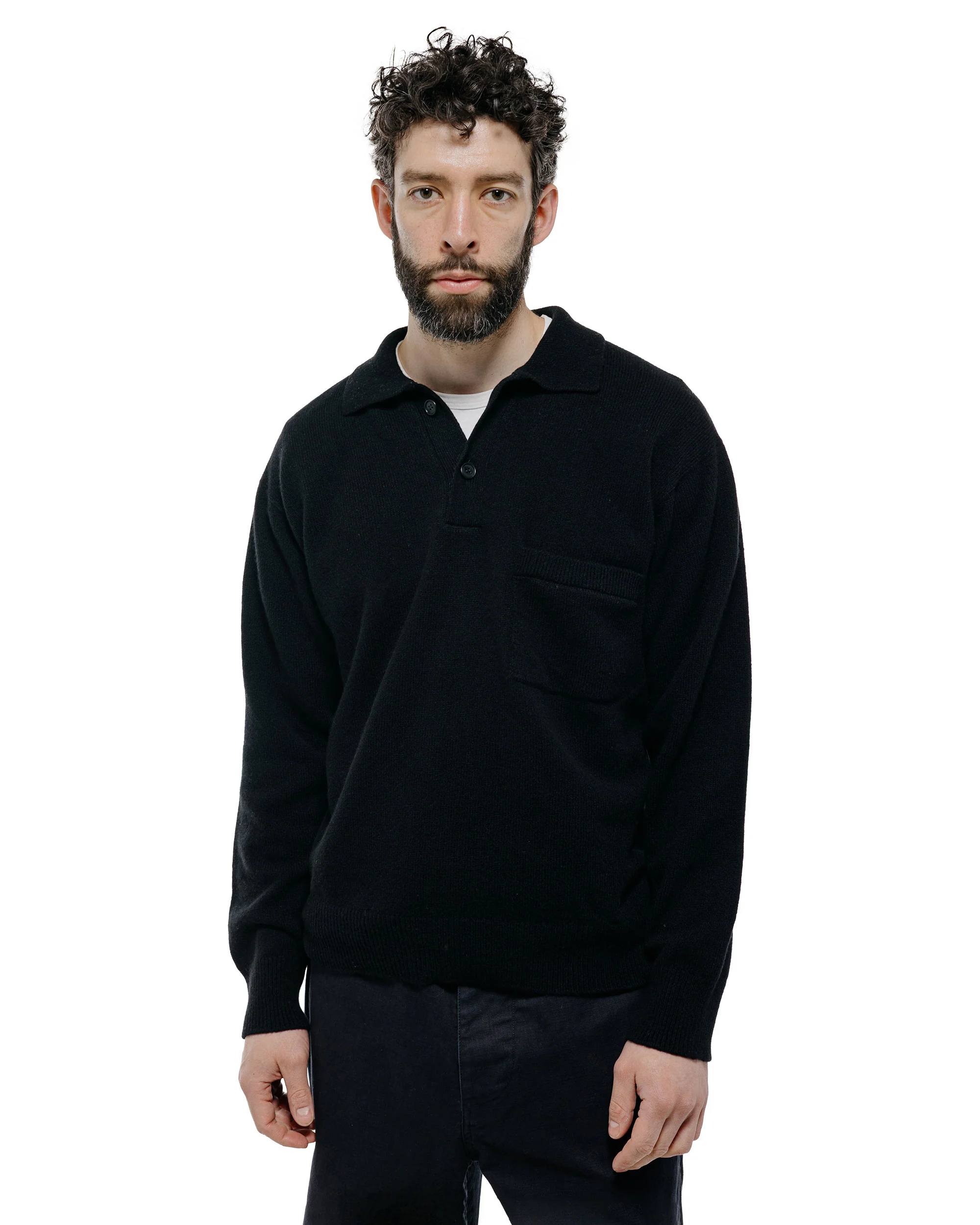 Margaret Howell Seamless Pocket Polo Shirt Merino Cashmere Black - Image 2
