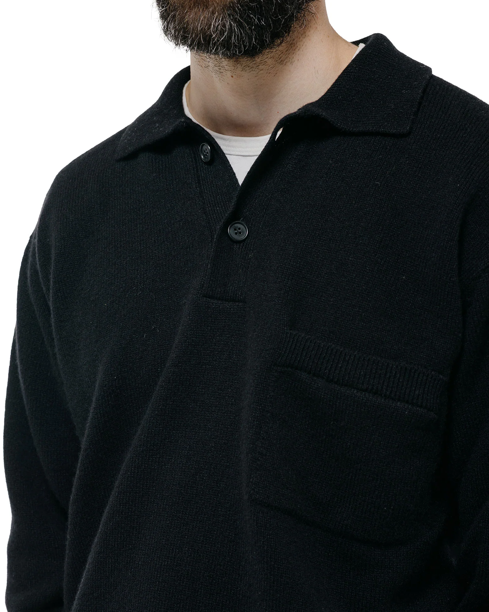 Margaret Howell Seamless Pocket Polo Shirt Merino Cashmere Black - Image 3
