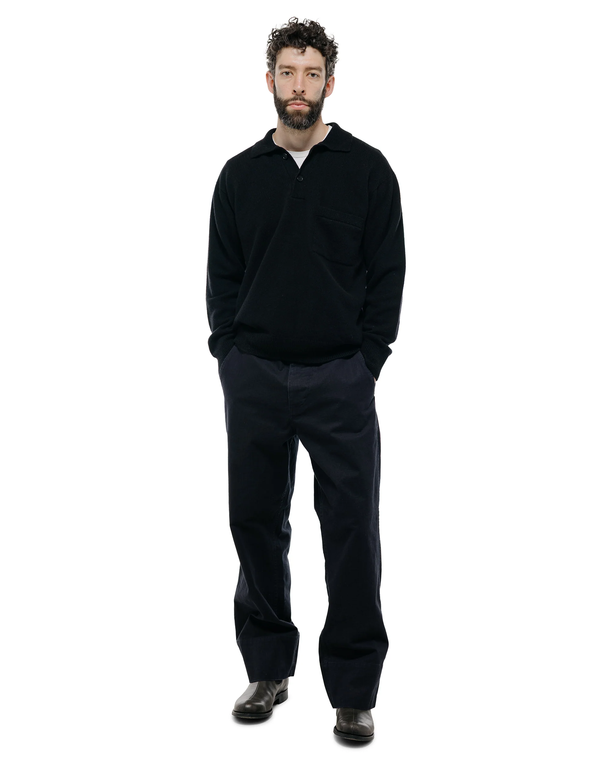 Margaret Howell Seamless Pocket Polo Shirt Merino Cashmere Black - Image 4