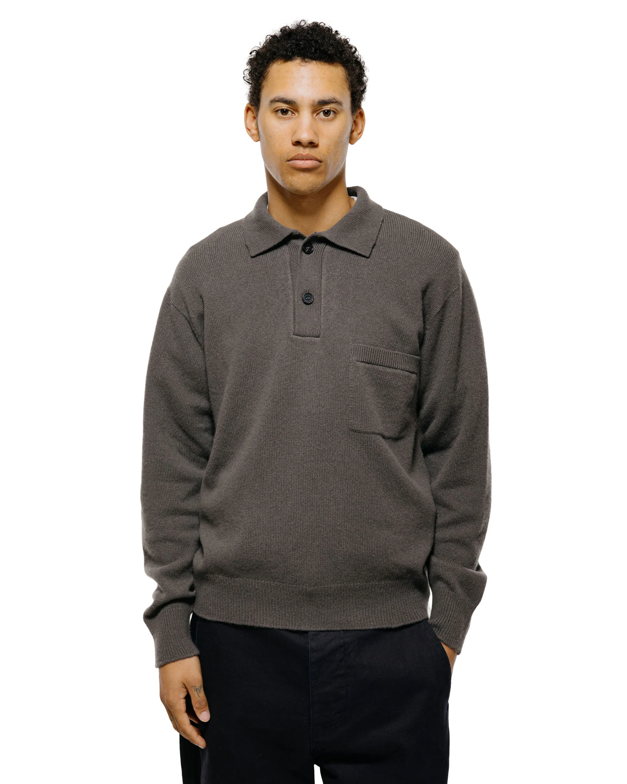 Margaret Howell Seamless Pocket Polo Shirt Merino Cashmere Graphite - Image 2