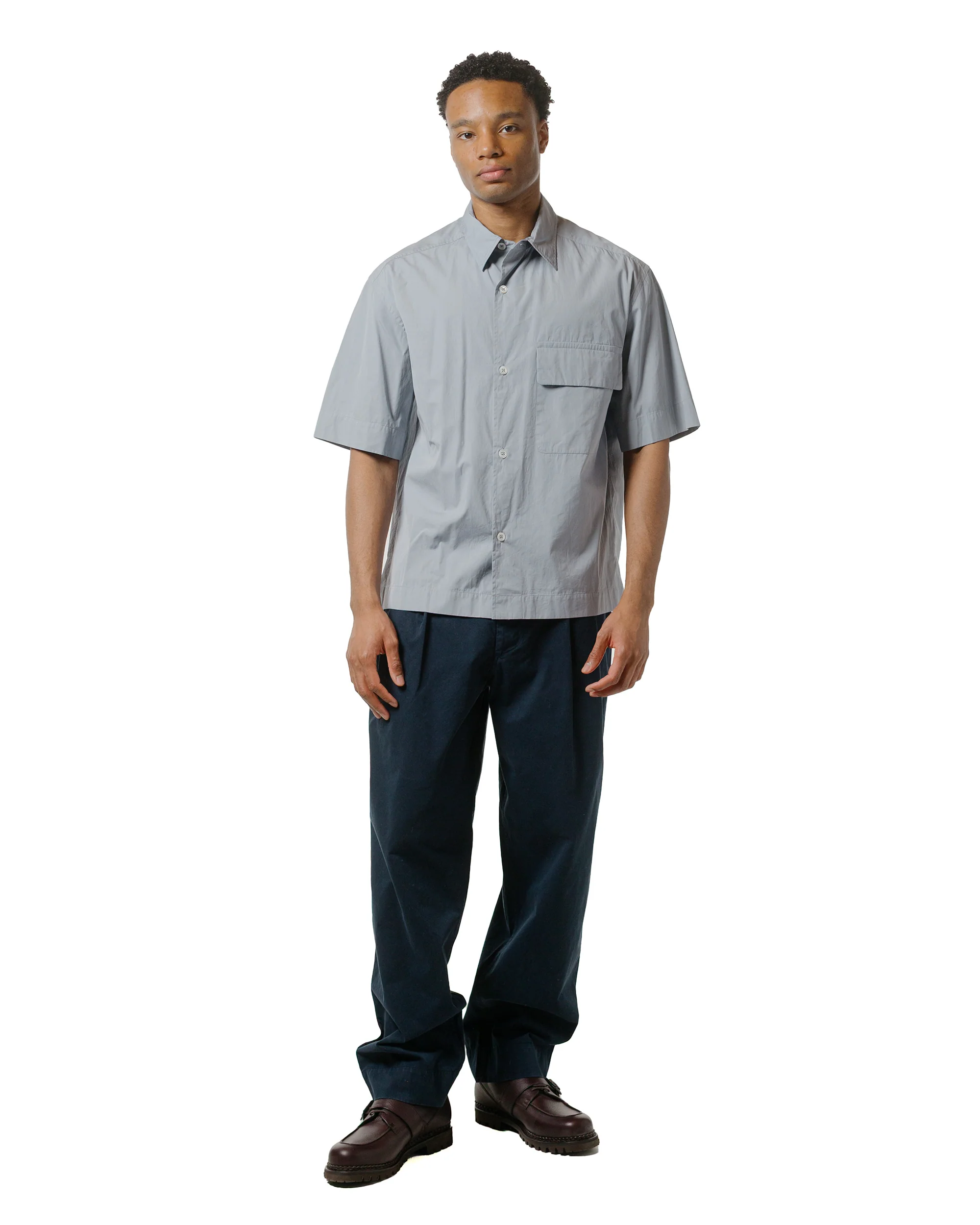 Margaret Howell Short Sleeve Flap Pocket Shirt Compact Cotton Plainweave Pewter - Image 4