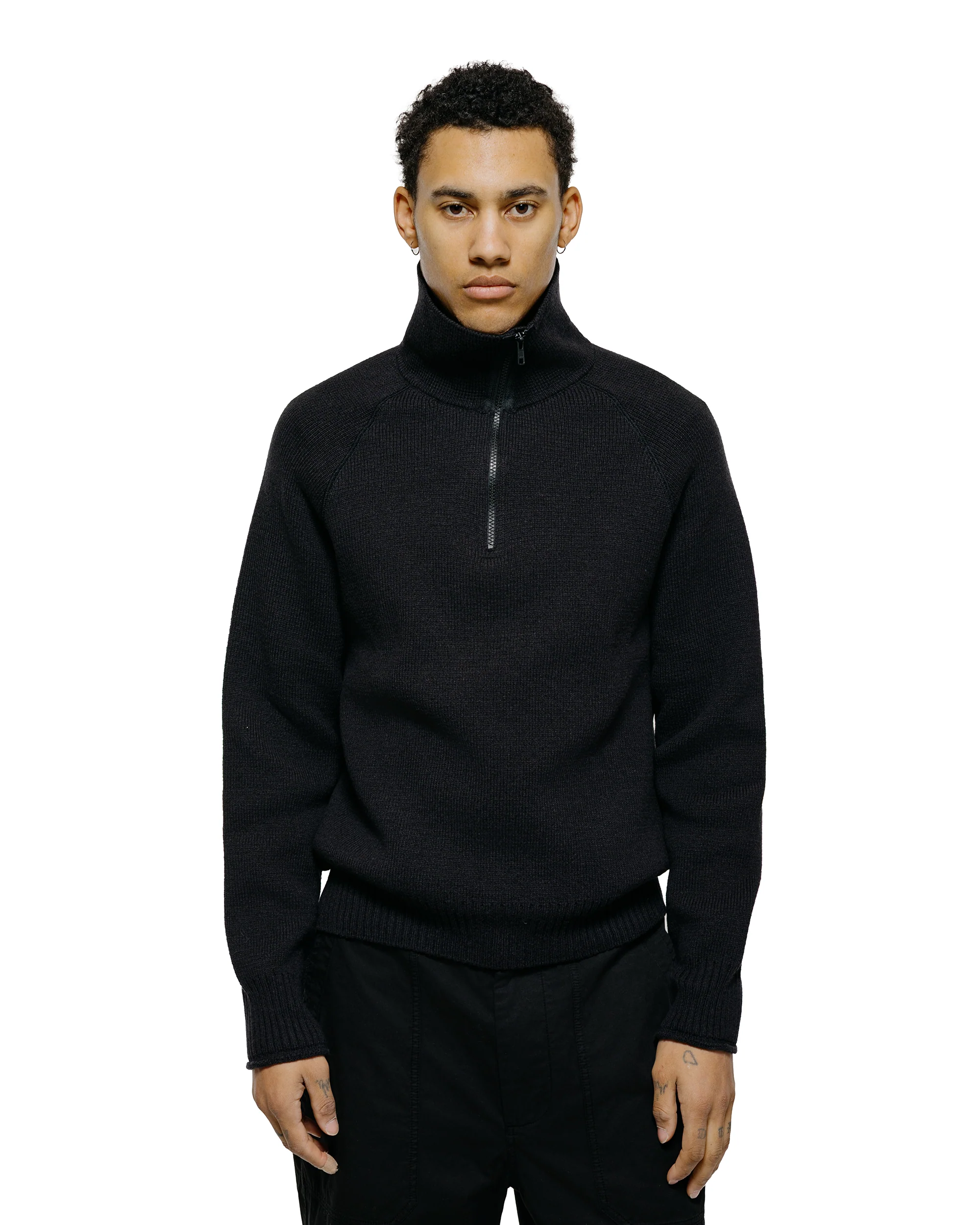 Margaret Howell Zip Up Polo Jumper Wool Cotton Black - Image 2