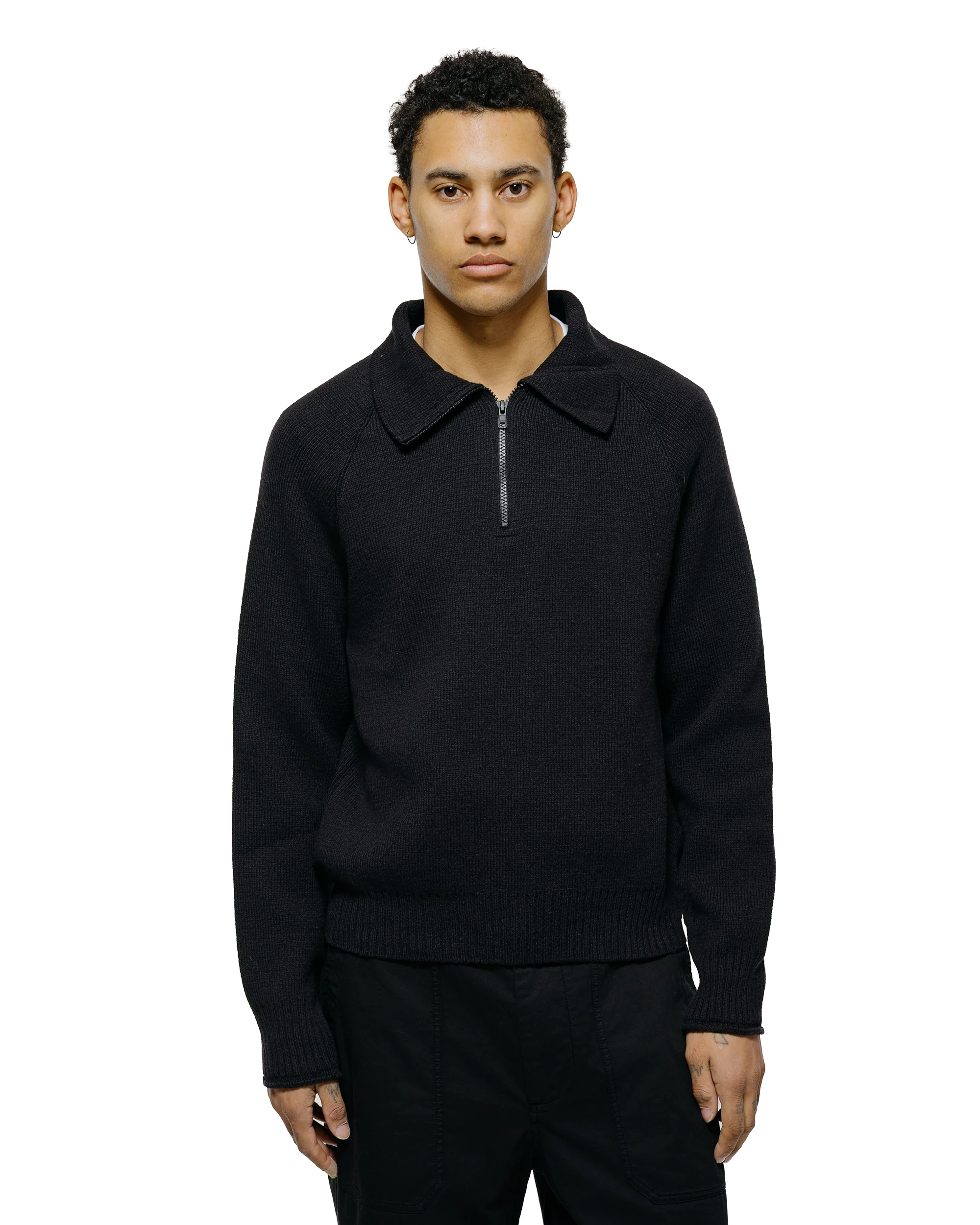 Margaret Howell Zip Up Polo Jumper Wool Cotton Black - Image 3
