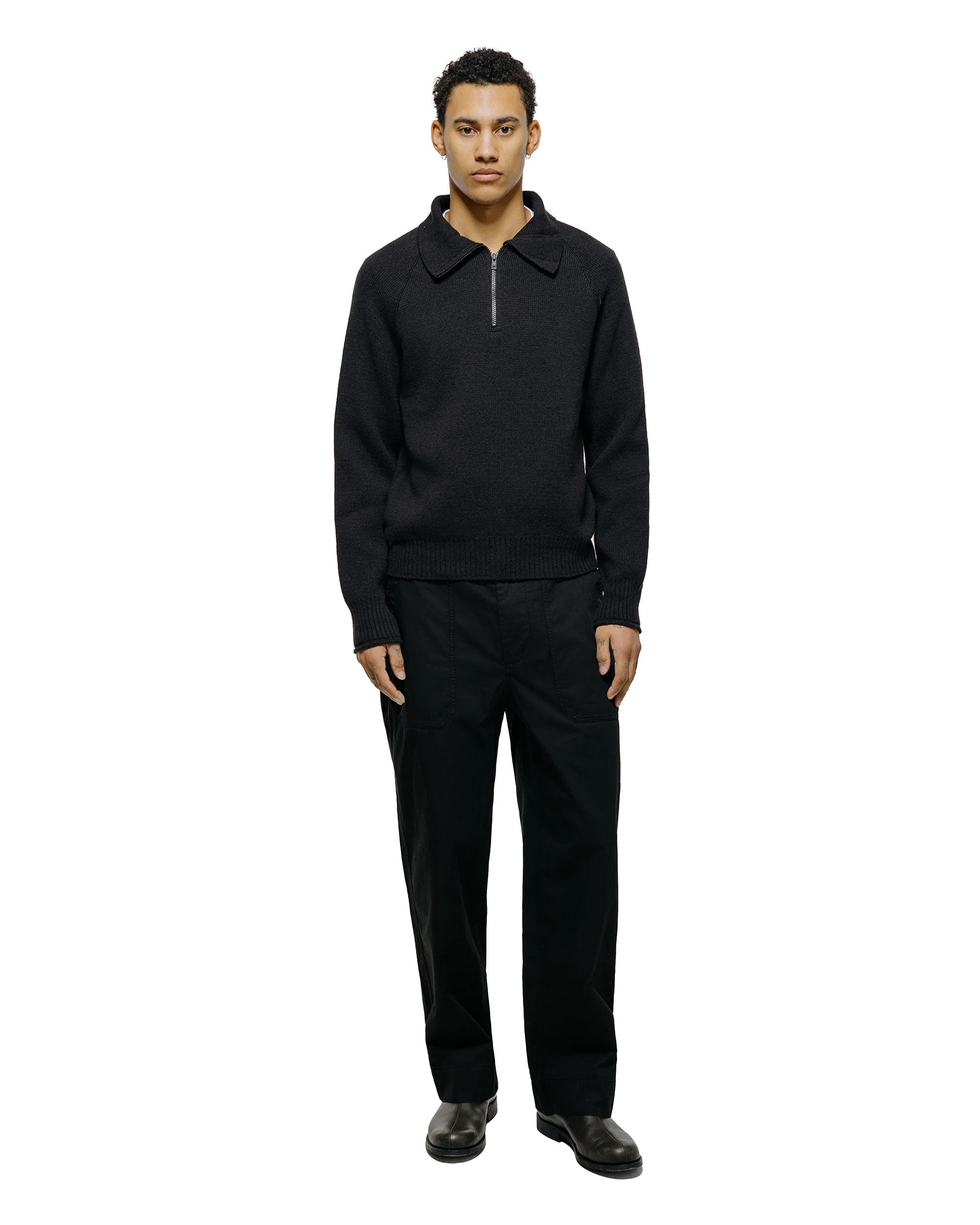Margaret Howell Zip Up Polo Jumper Wool Cotton Black - Image 5