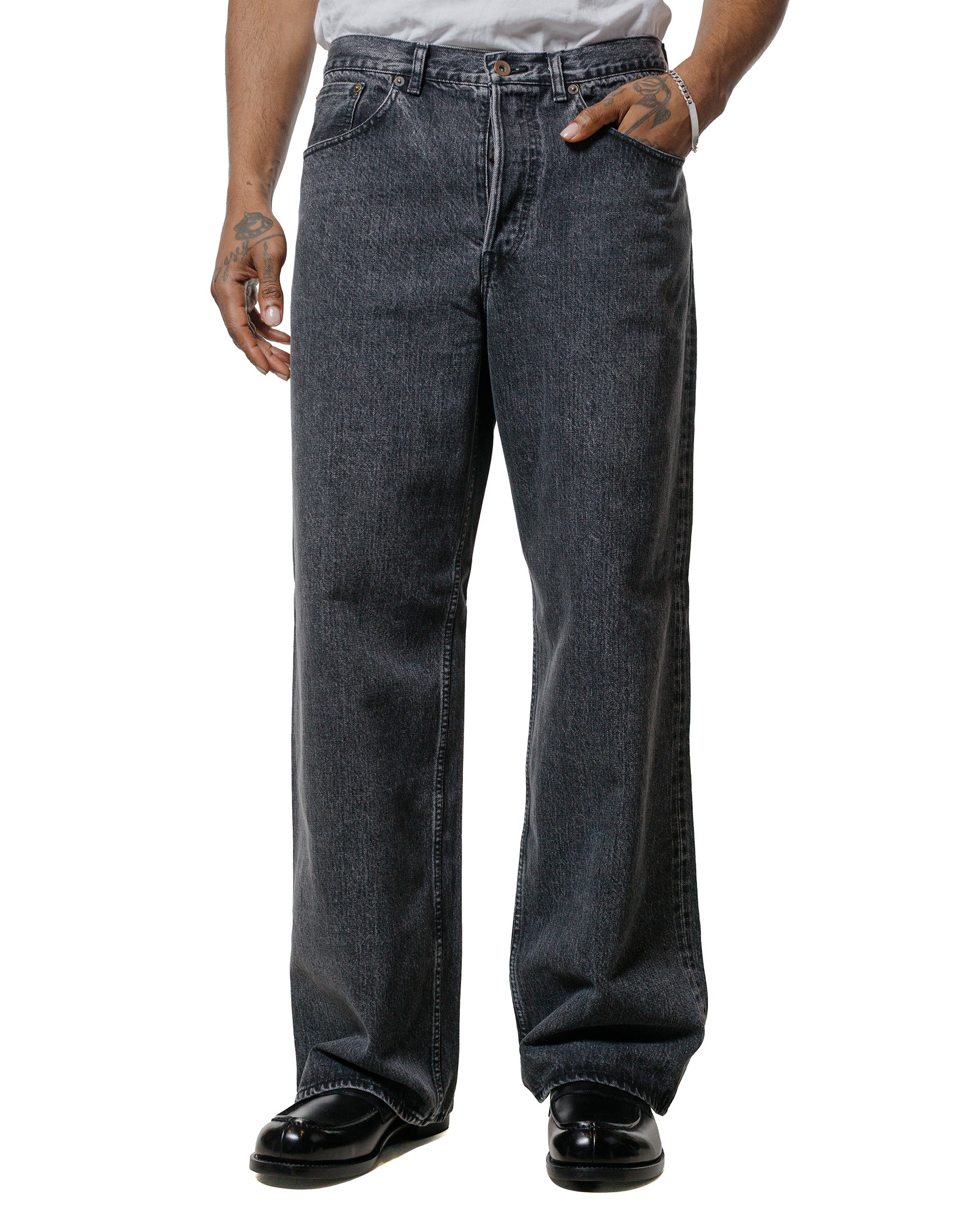marka Wide Leg Jeans Organic Cotton 13.5oz Selvedge Denim Faded Black - Image 2