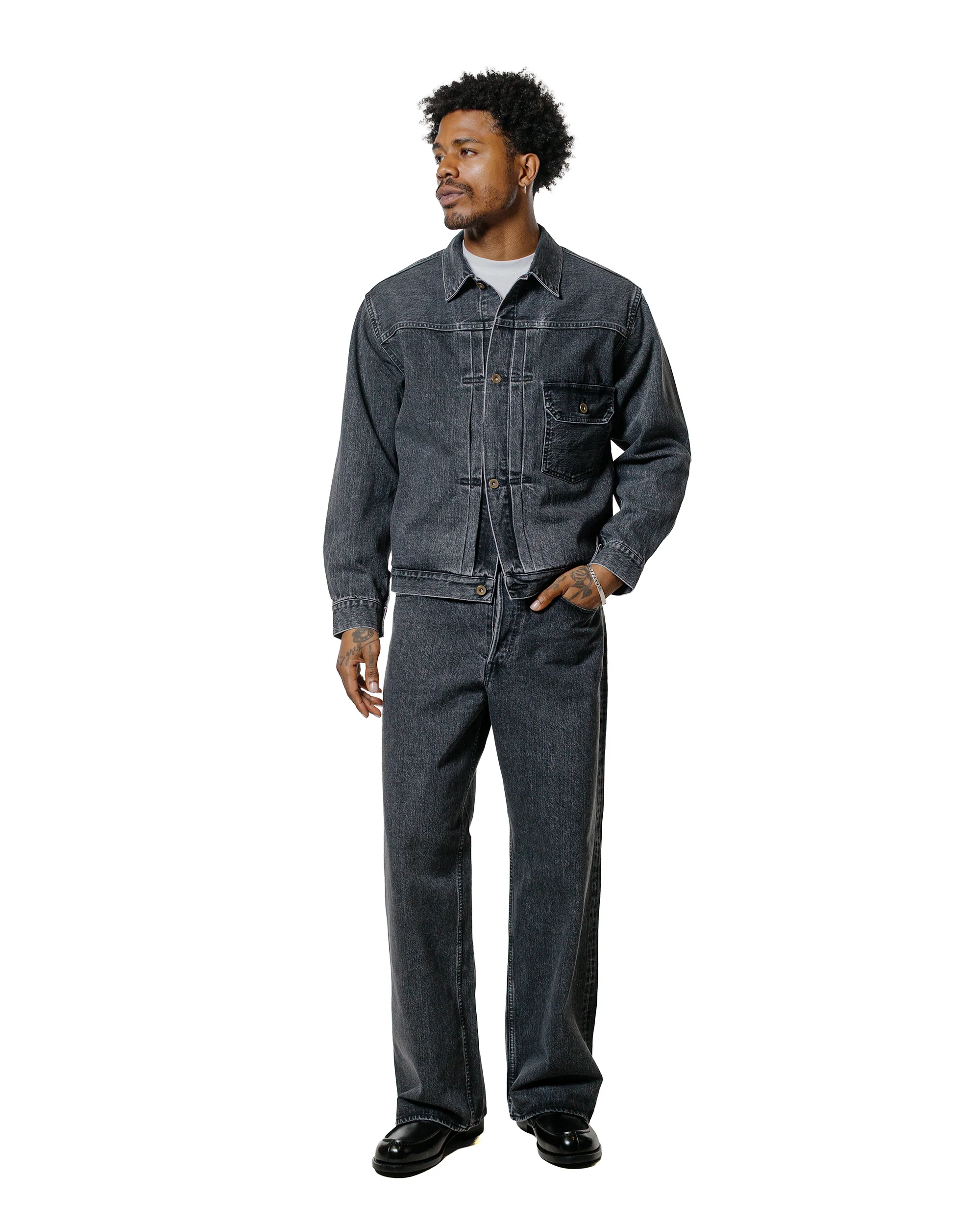 marka Wide Leg Jeans Organic Cotton 13.5oz Selvedge Denim Faded Black - Image 4
