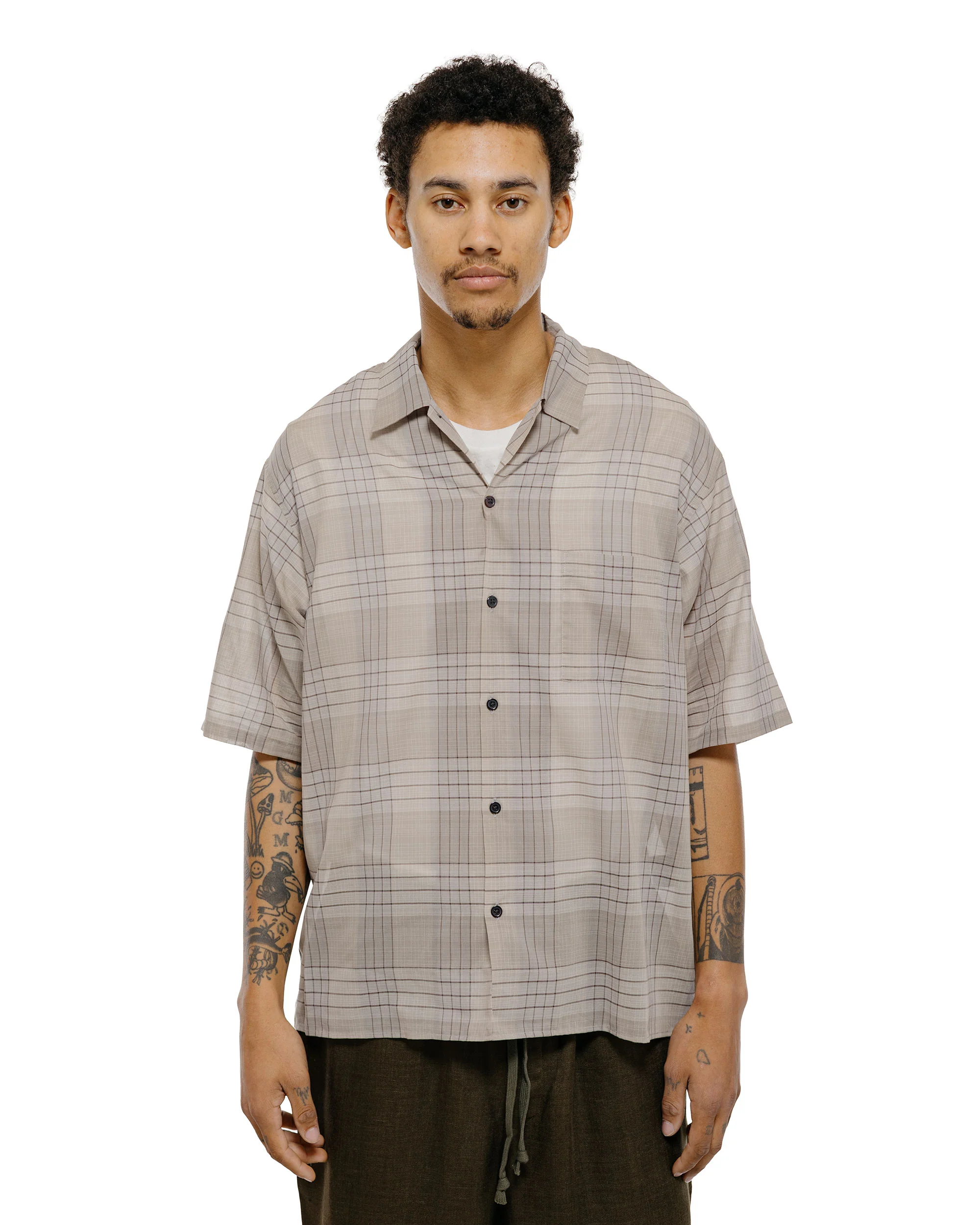 marka Open Collar S/S Shirt Organic Cotton High Twisted Loan Sage Check - Image 2